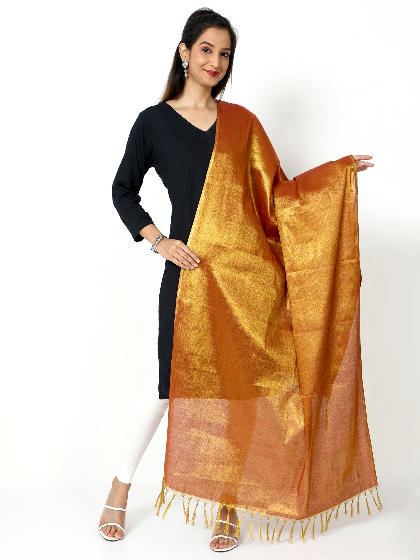 Women's Soild Silk Plain Dupatta - Gold/Maroon