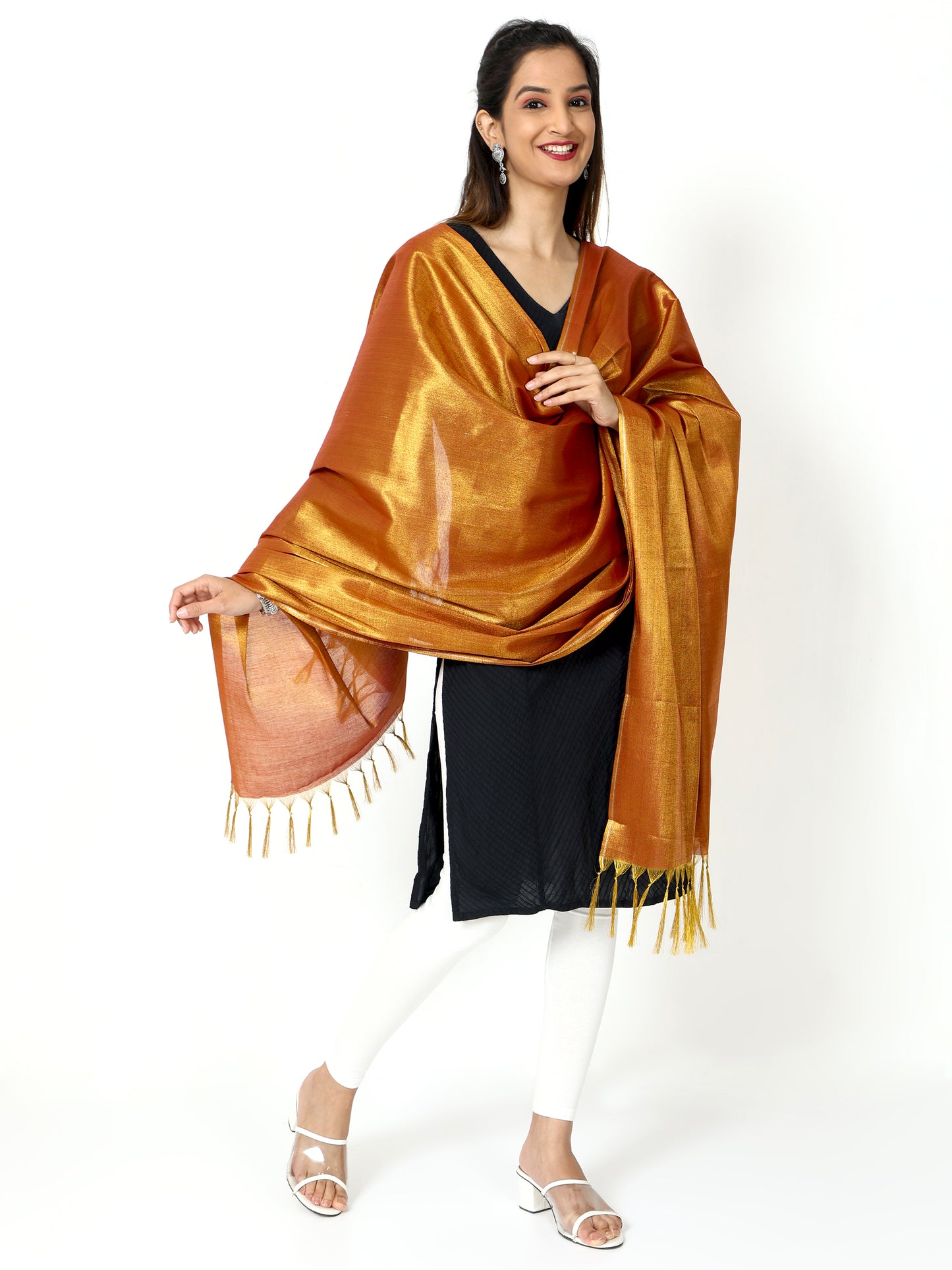 Women's Soild Silk Plain Dupatta - Gold/Maroon