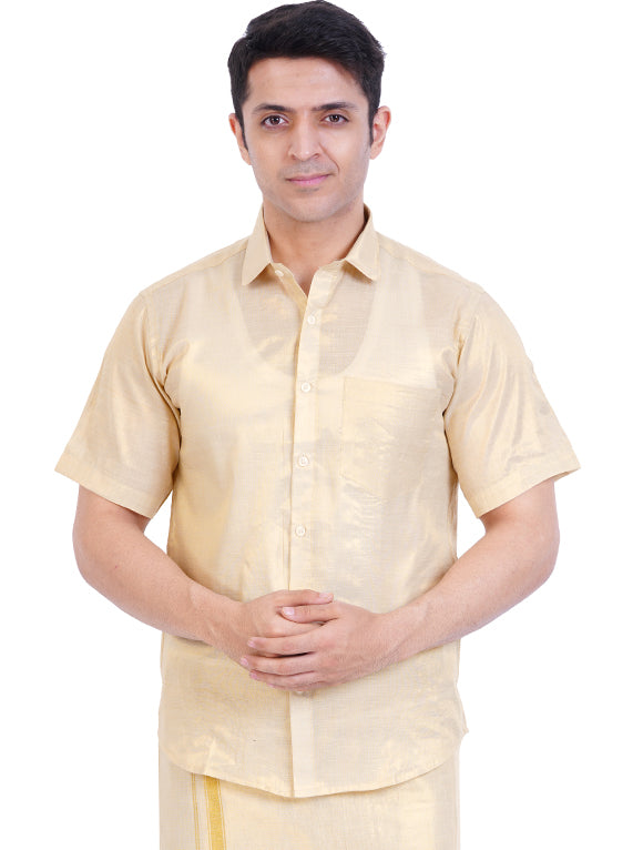 Fashily Men's Soft Tissue Ethnic Regular Fit Shirt - Gold Half Sleeve