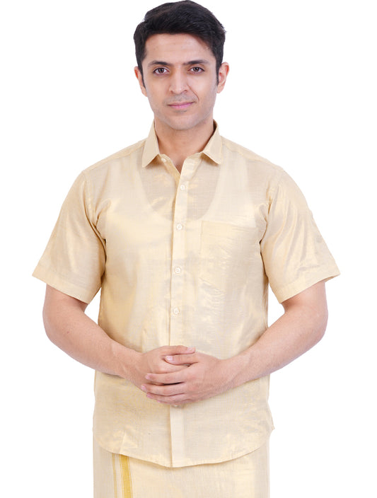 Fashily Men's Soft Tissue Ethnic Regular Fit Shirt - Gold Half Sleeve
