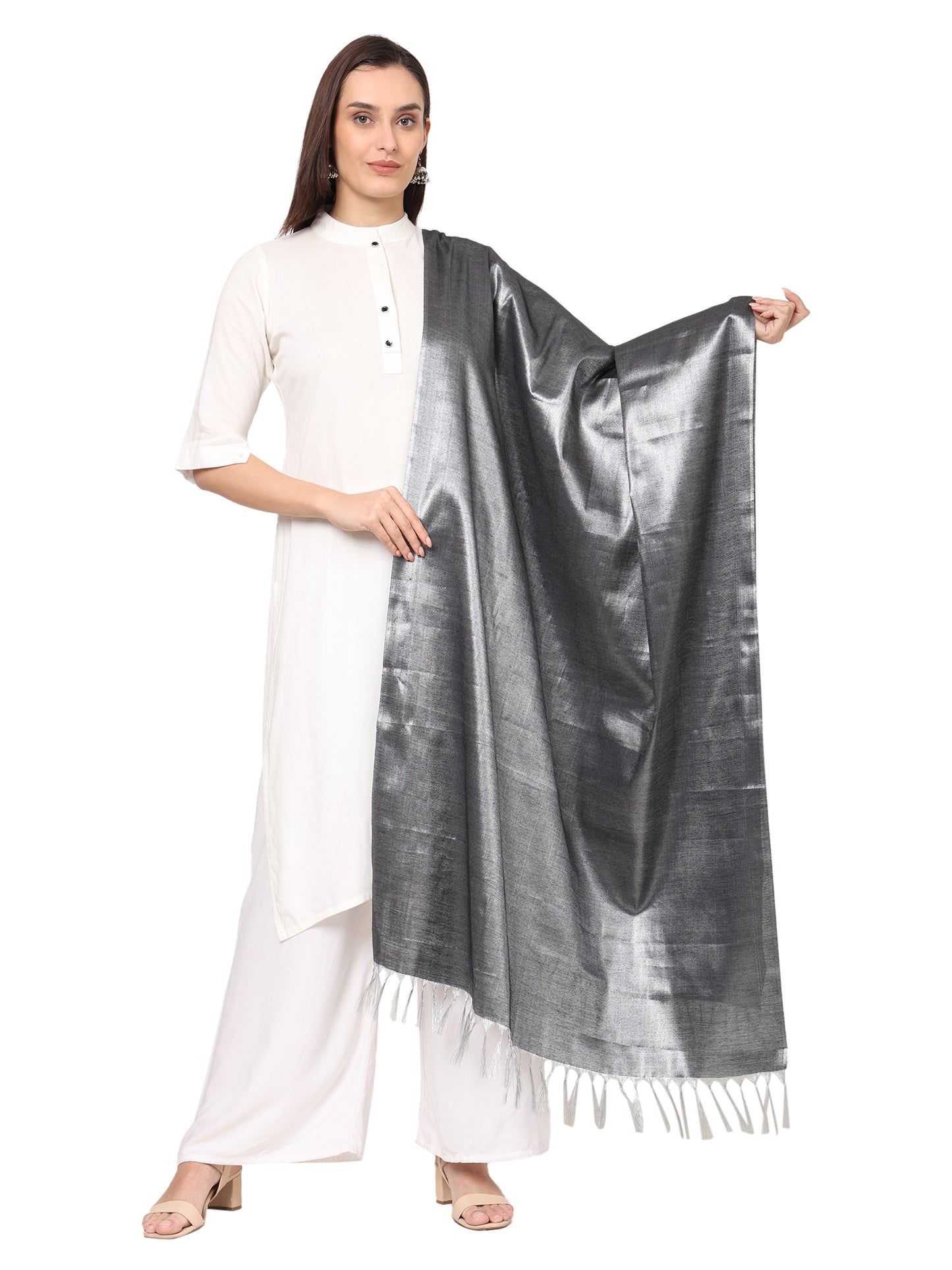 Women's Soild Silk Plain Dupatta - Silver/Black