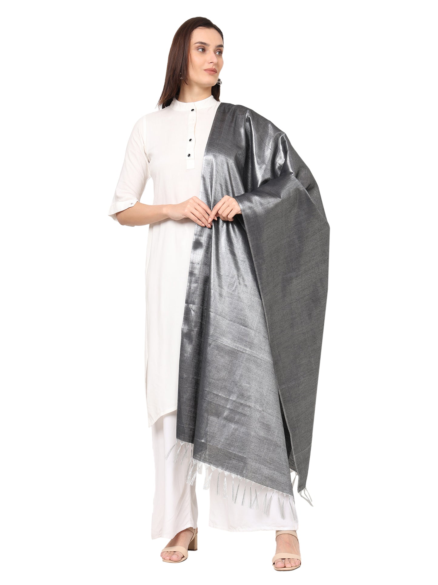 Women's Soild Silk Plain Dupatta - Silver/Black