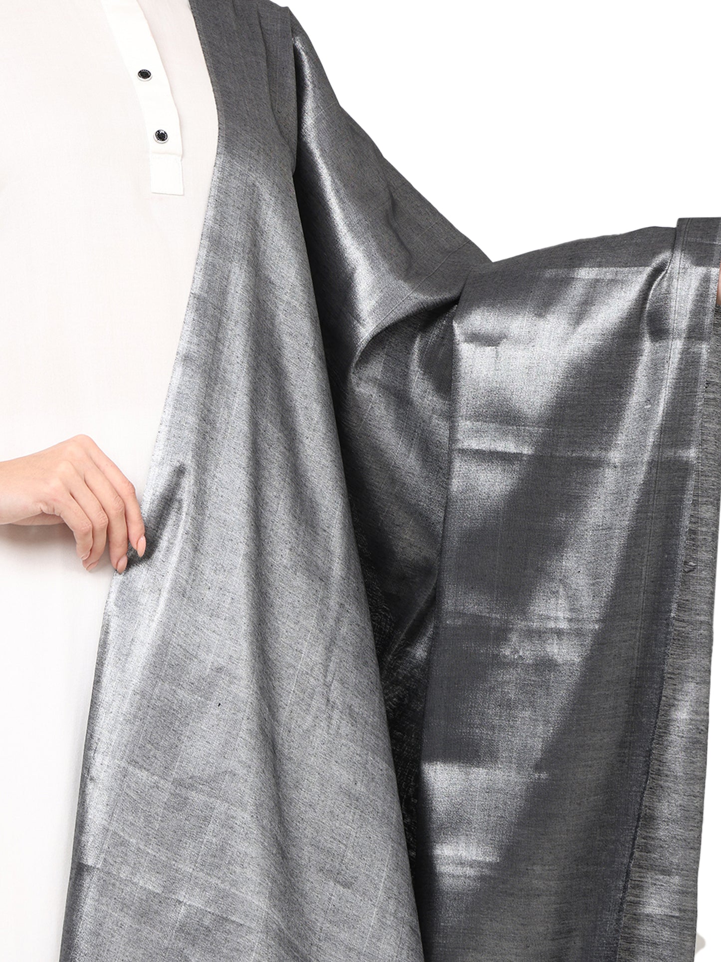 Women's Soild Silk Plain Dupatta - Silver/Black