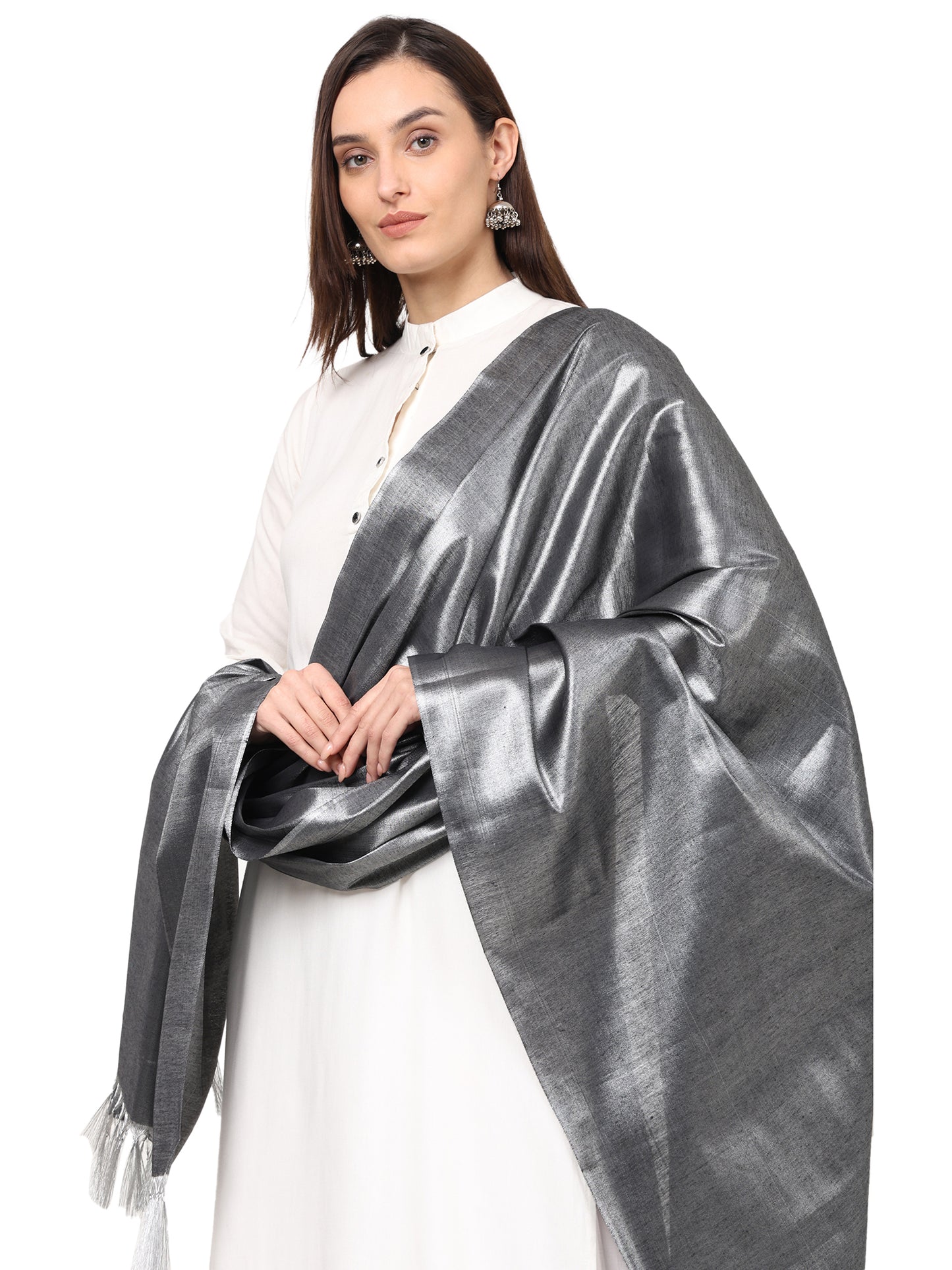 Women's Soild Silk Plain Dupatta - Silver/Black