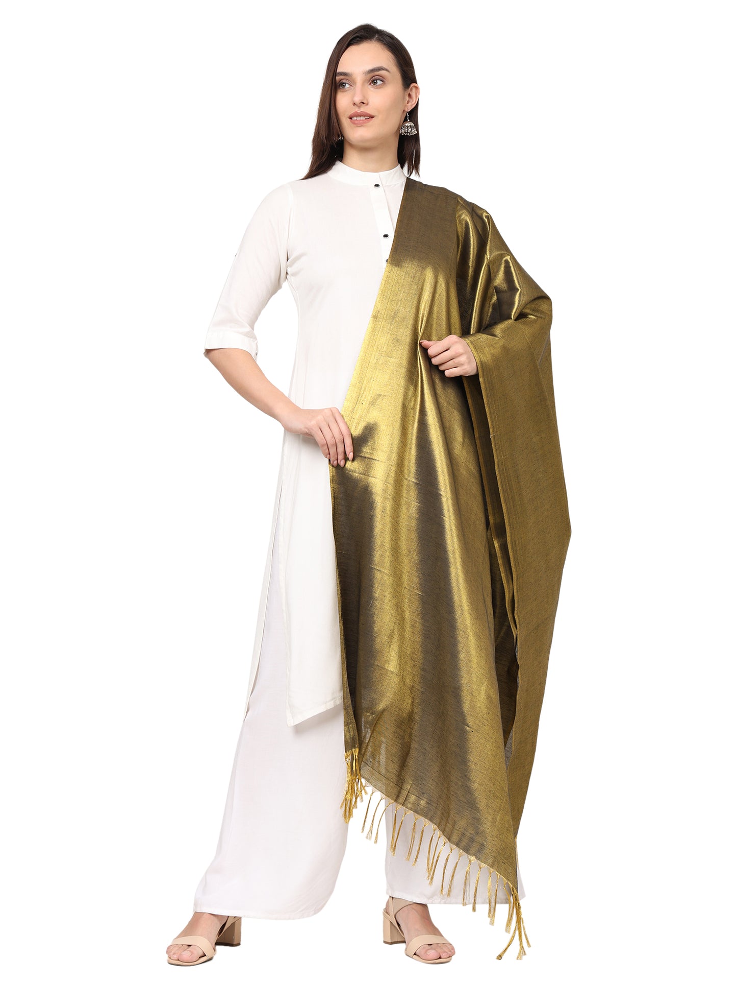 Women's Soild Silk Plain Dupatta - Gold/Black