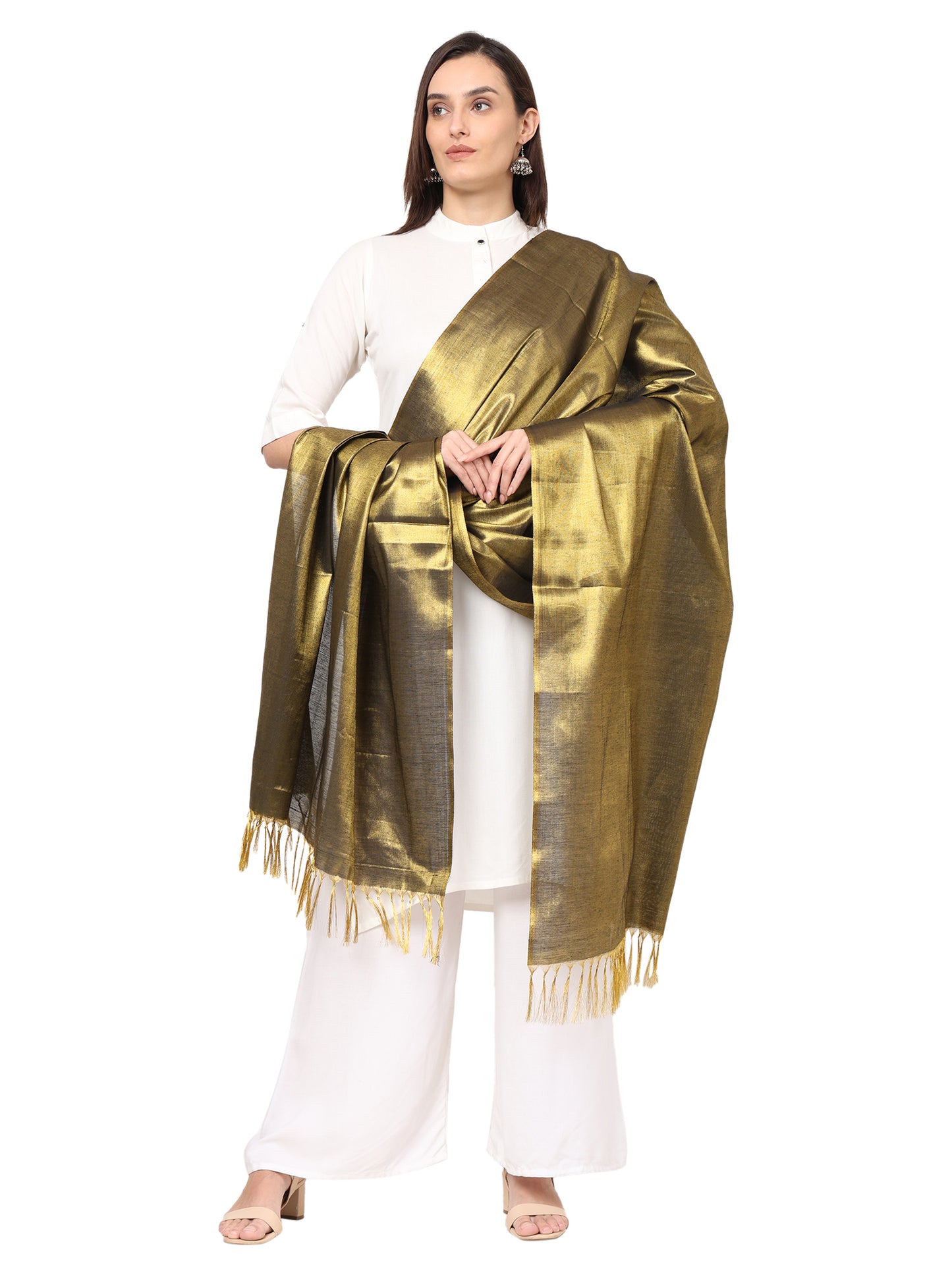 Women's Soild Silk Plain Dupatta - Gold/Black