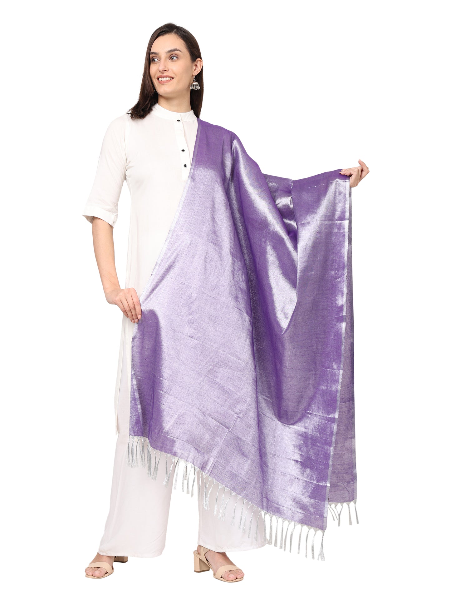 Women's Soild Silk Plain Dupatta - Silver/Lavender