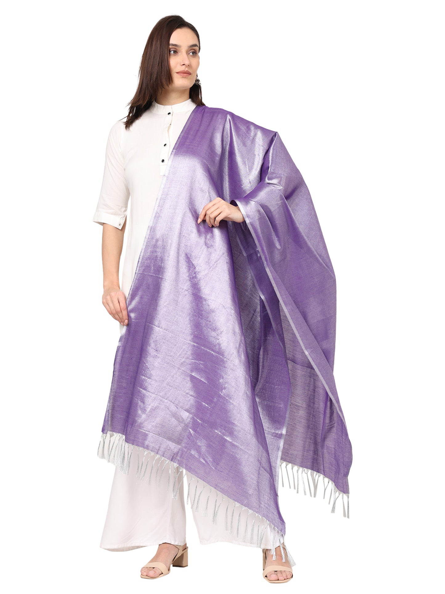 Women's Soild Silk Plain Dupatta - Silver/Lavender