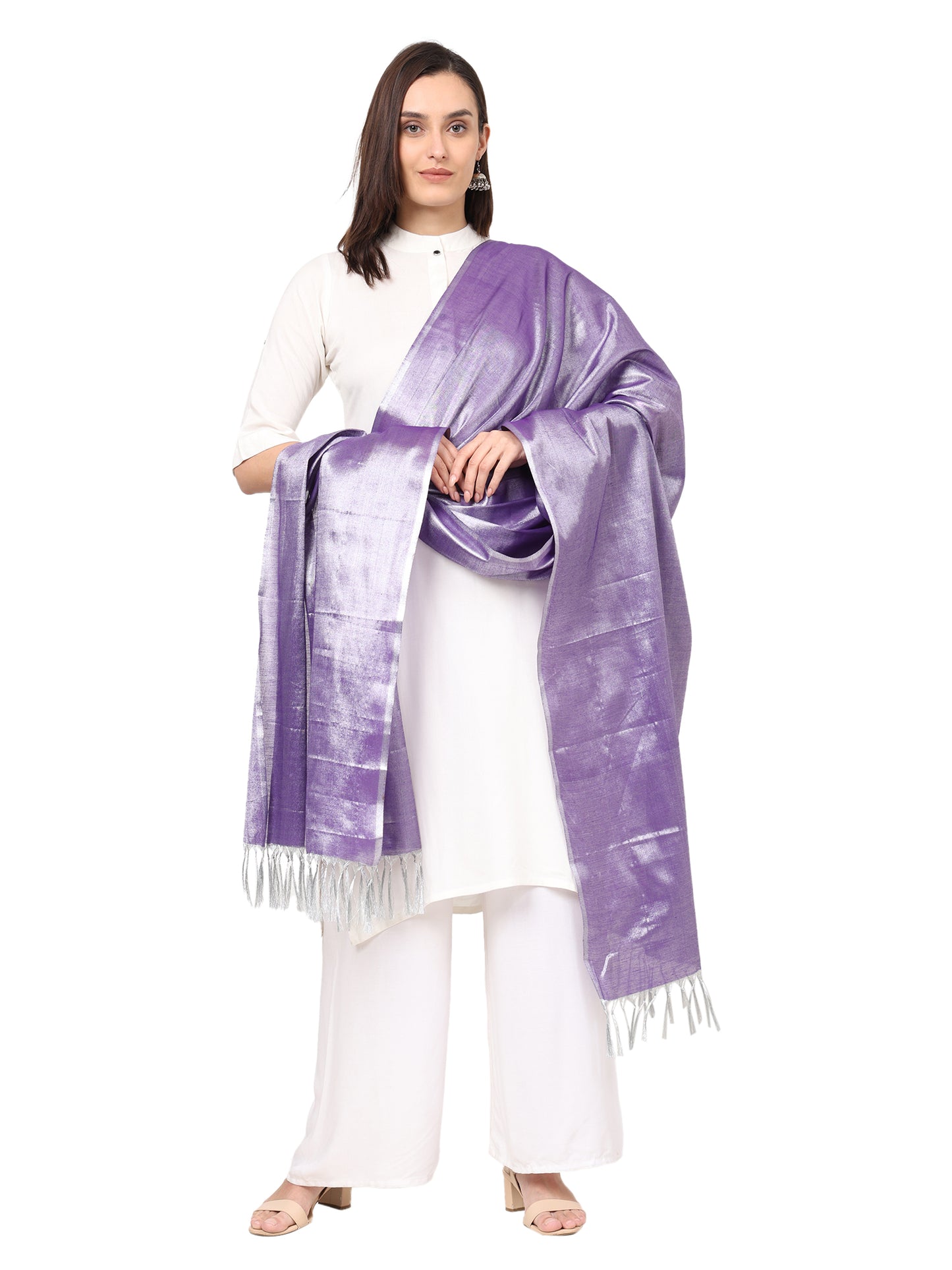 Women's Soild Silk Plain Dupatta - Silver/Lavender