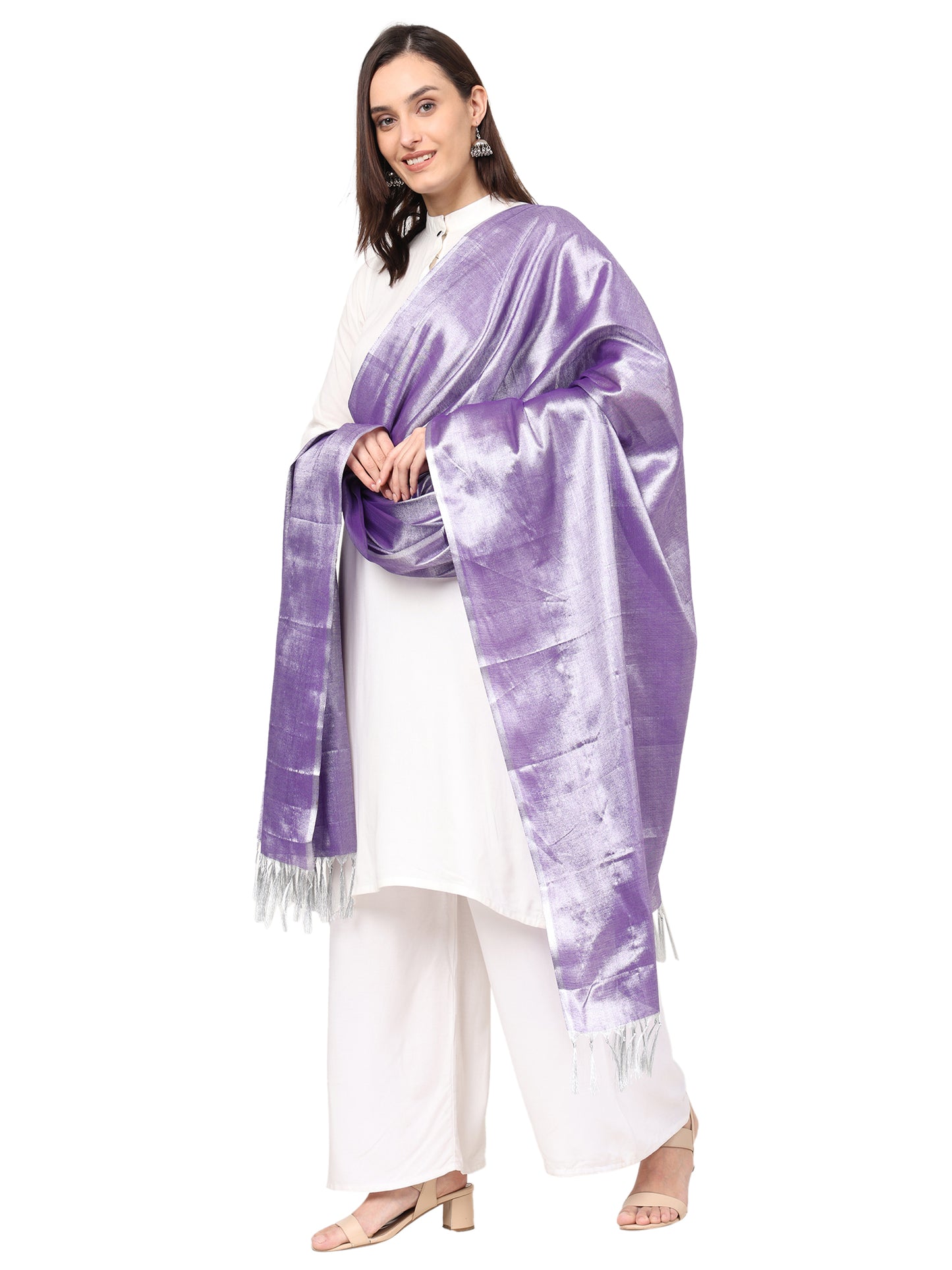 Women's Soild Silk Plain Dupatta - Silver/Lavender