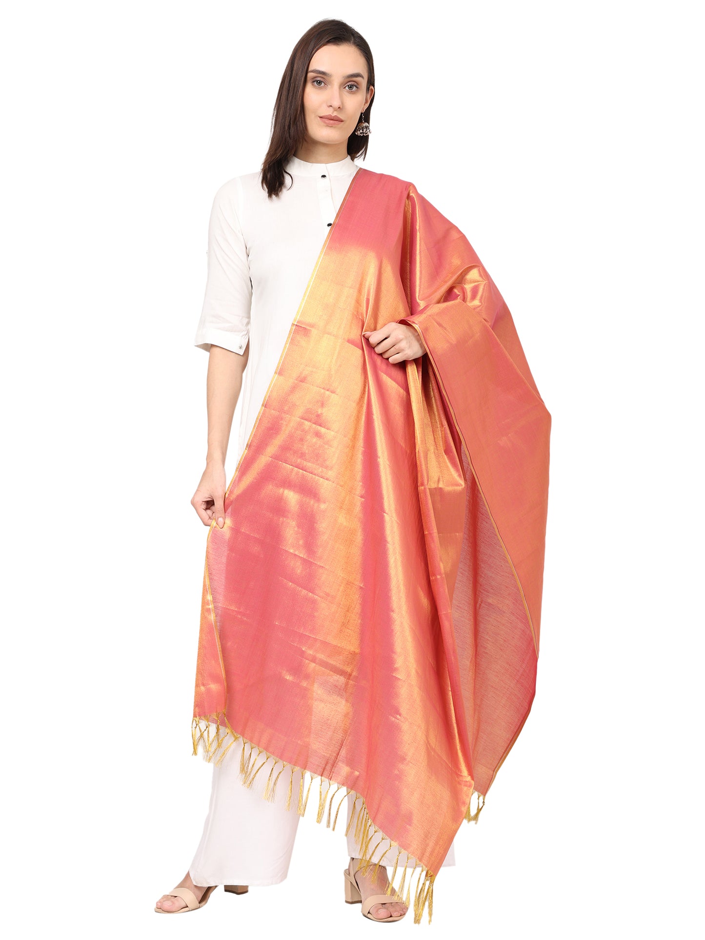 Women's Soild Silk Plain Dupatta - Gold/Rani Pink