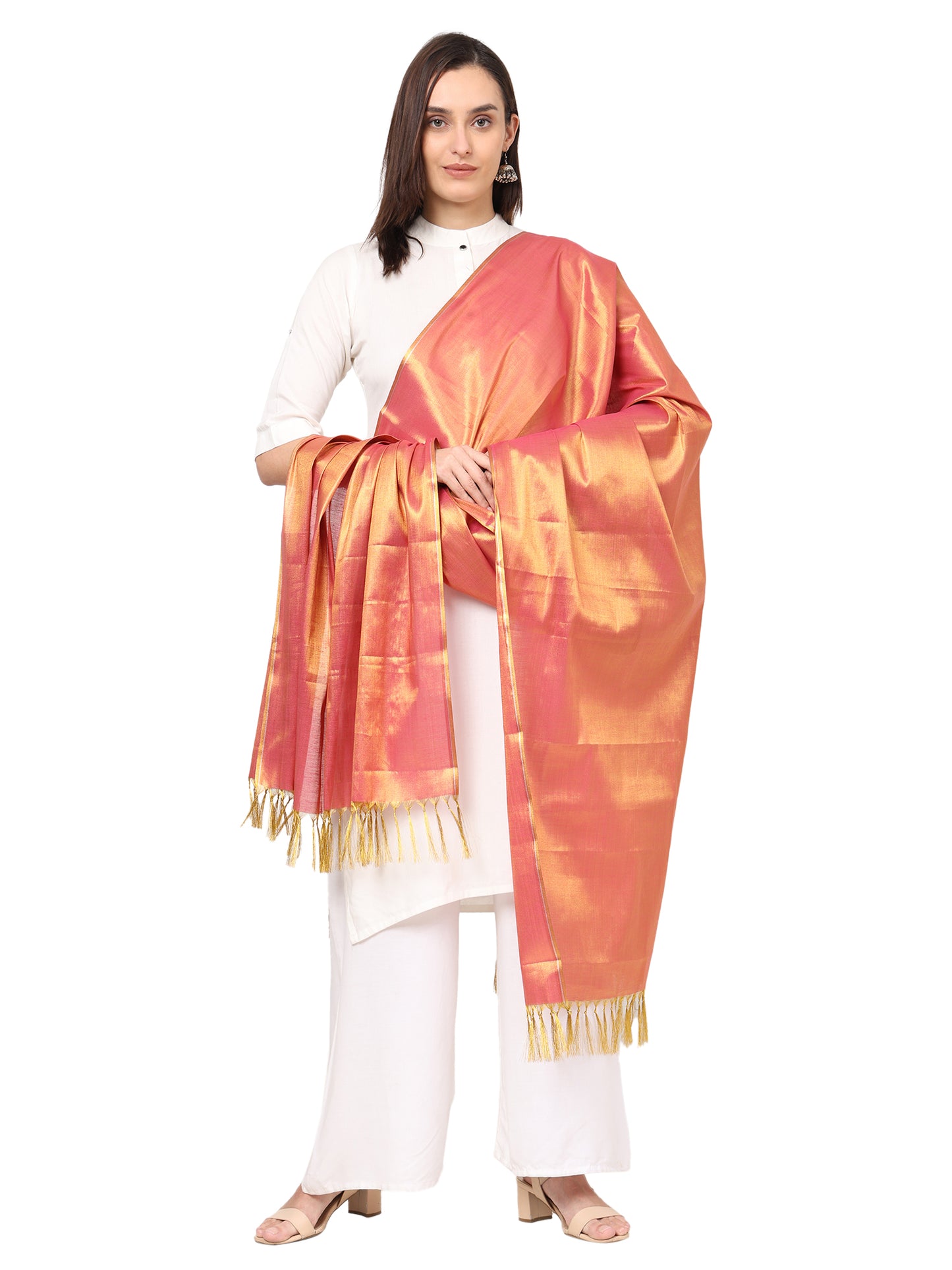 Women's Soild Silk Plain Dupatta - Gold/Rani Pink