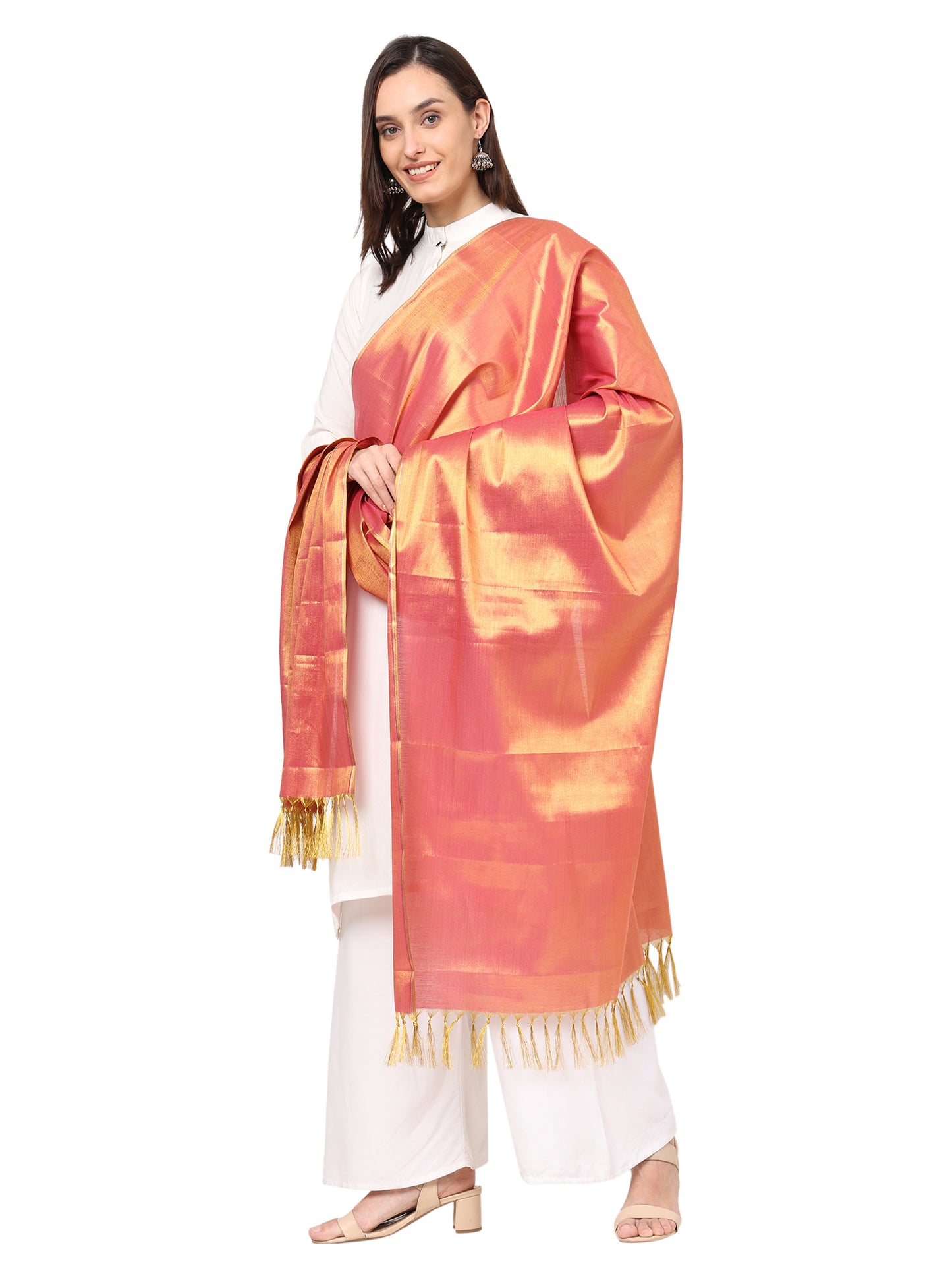 Women's Soild Silk Plain Dupatta - Gold/Rani Pink