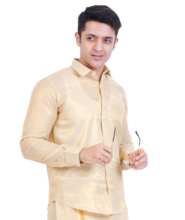 Fashily Men's Soft Tissue Ethnic Regular Fit Shirt - Gold Full Sleeve