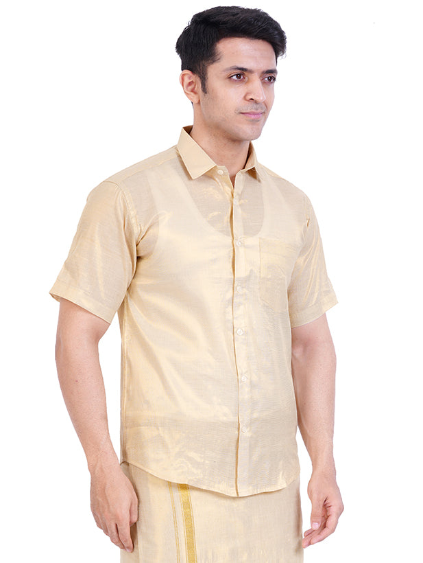 Fashily Men's Soft Tissue Ethnic Regular Fit Shirt - Gold Half Sleeve