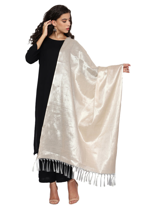 Women's Soild Silk Plain Dupatta - Silver/Cream