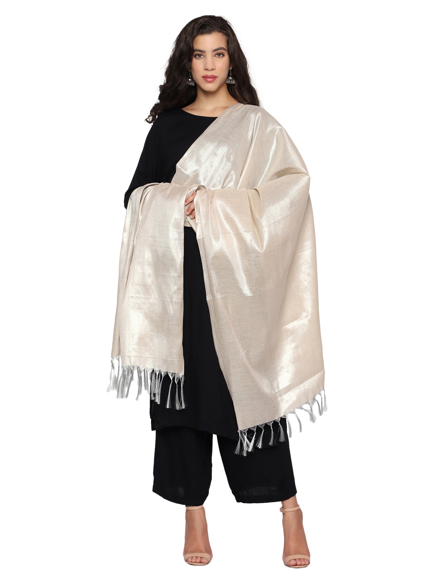 Women's Soild Silk Plain Dupatta - Silver/Cream