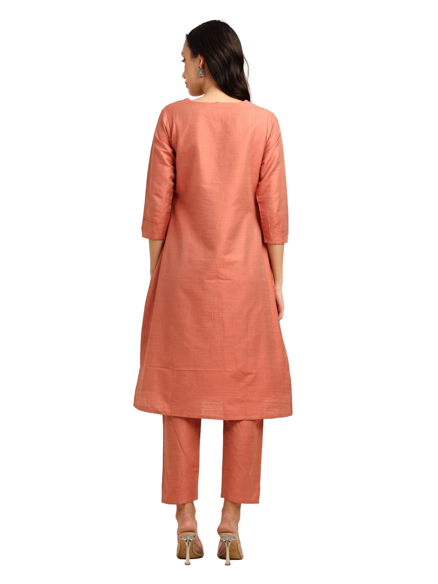 Fashily Women's V-Neck Semi Raw Silk Straight Kurti with Pant Set | Plain Silk Blend Coord set for Women | 3/4 Sleeve Kurti with Lining Attached