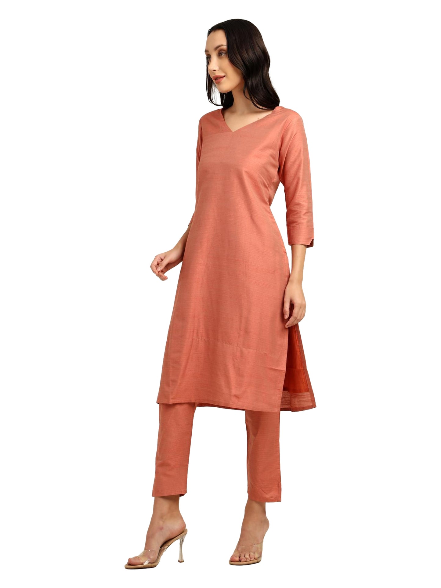 Fashily Women's V-Neck Semi Raw Silk Straight Kurti with Pant Set | Plain Silk Blend Coord set for Women | 3/4 Sleeve Kurti with Lining Attached