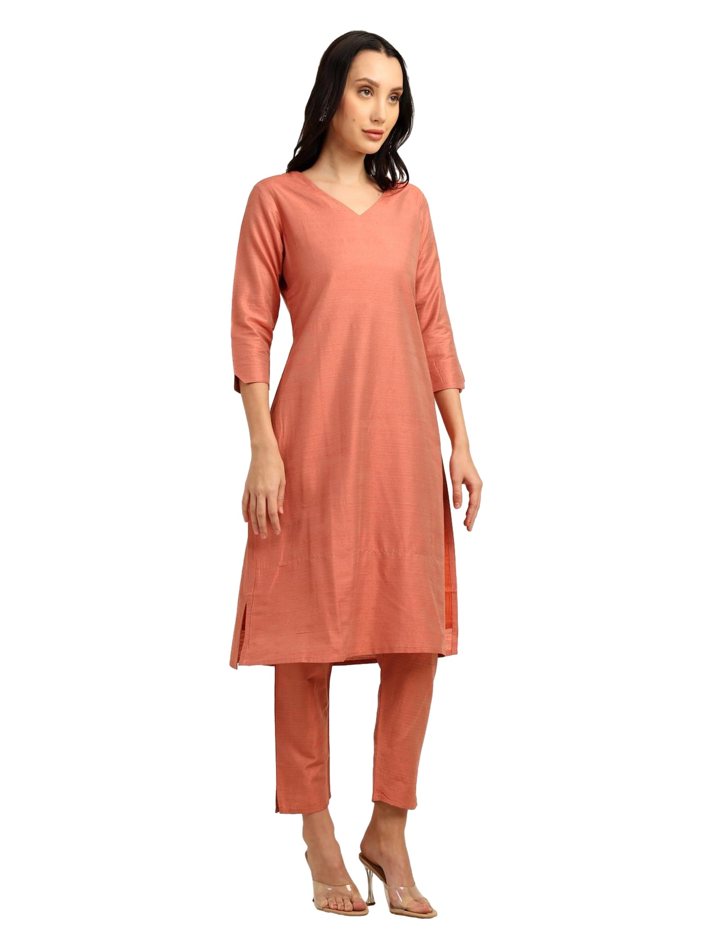 Fashily Women's V-Neck Semi Raw Silk Straight Kurti with Pant Set | Plain Silk Blend Coord set for Women | 3/4 Sleeve Kurti with Lining Attached