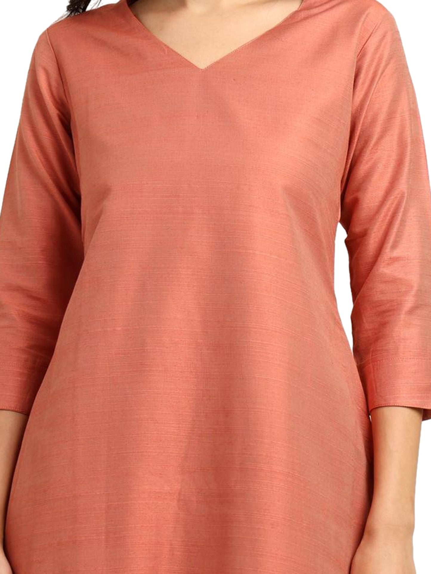 Fashily Women's V-Neck Semi Raw Silk Straight Kurti with Pant Set | Plain Silk Blend Coord set for Women | 3/4 Sleeve Kurti with Lining Attached