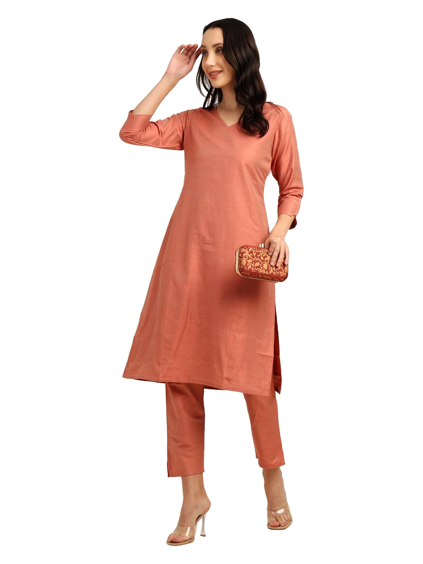 Fashily Women's V-Neck Semi Raw Silk Straight Kurti with Pant Set | Plain Silk Blend Coord set for Women | 3/4 Sleeve Kurti with Lining Attached