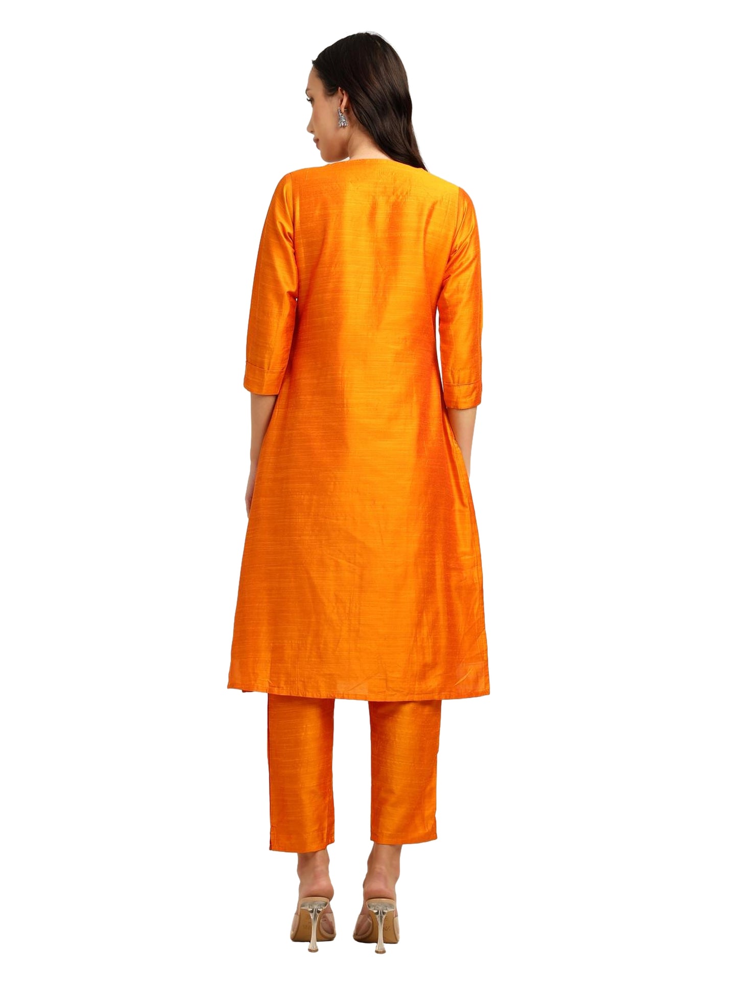 Fashily Women's V-Neck Semi Raw Silk Straight Kurti with Pant Set | Plain Silk Blend Coord set for Women | 3/4 Sleeve Kurti with Lining Attached