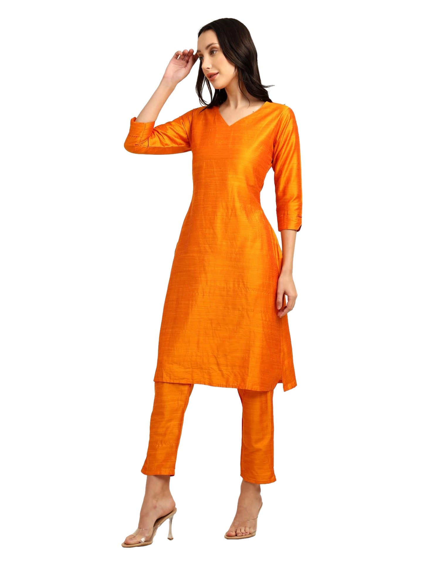Fashily Women's V-Neck Semi Raw Silk Straight Kurti with Pant Set | Plain Silk Blend Coord set for Women | 3/4 Sleeve Kurti with Lining Attached