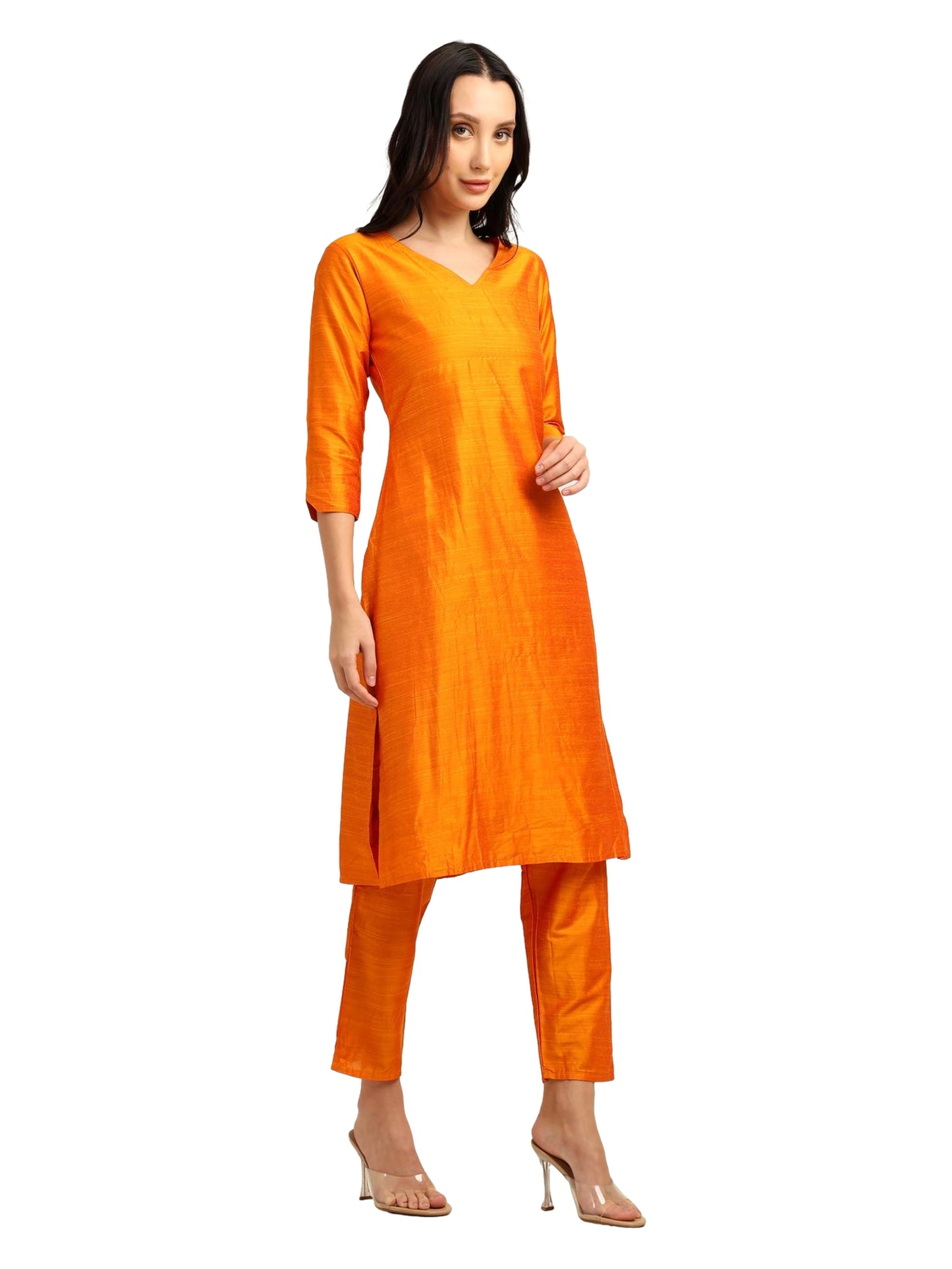 Fashily Women's V-Neck Semi Raw Silk Straight Kurti with Pant Set | Plain Silk Blend Coord set for Women | 3/4 Sleeve Kurti with Lining Attached