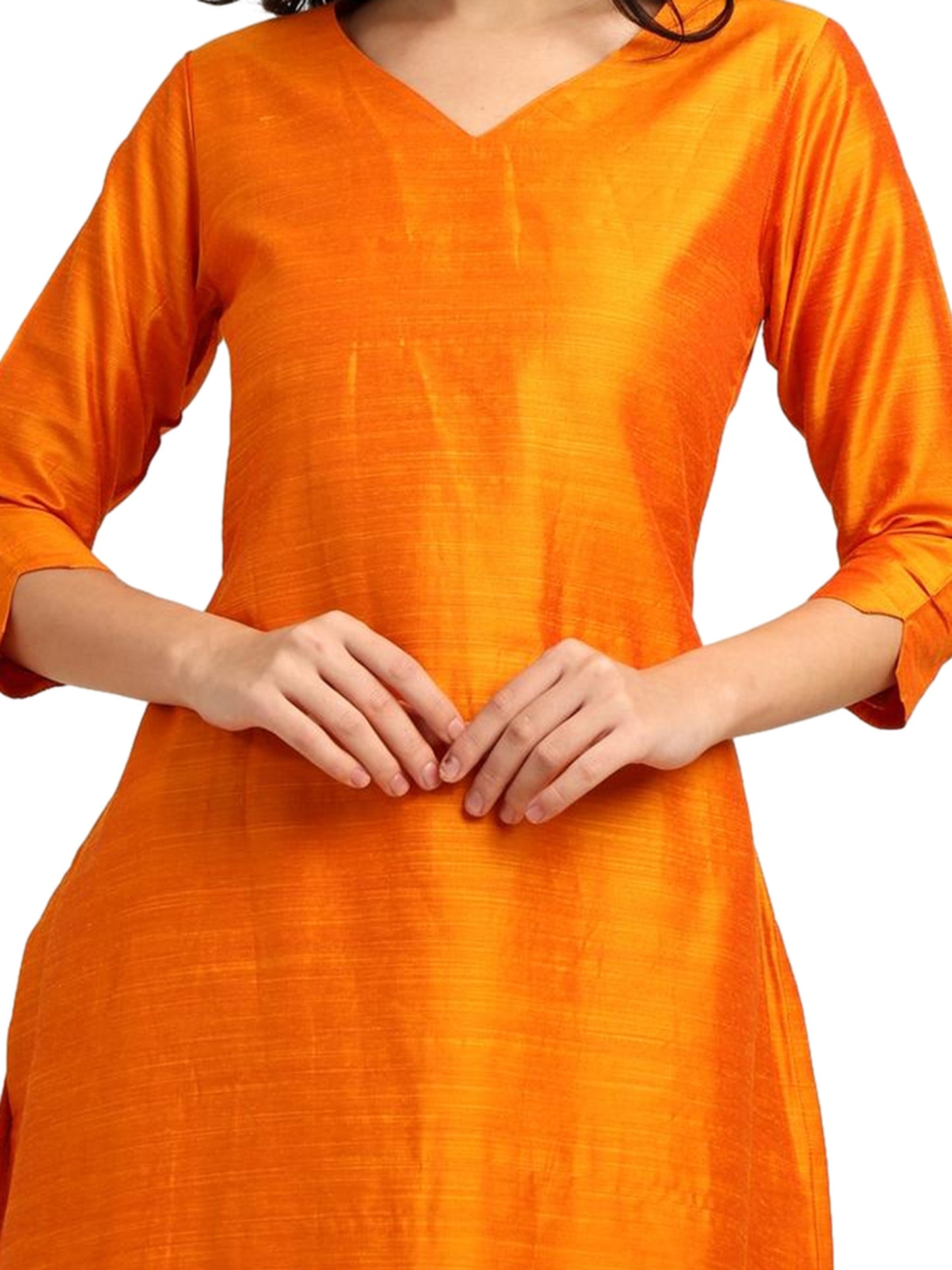 Fashily Women's V-Neck Semi Raw Silk Straight Kurti with Pant Set | Plain Silk Blend Coord set for Women | 3/4 Sleeve Kurti with Lining Attached
