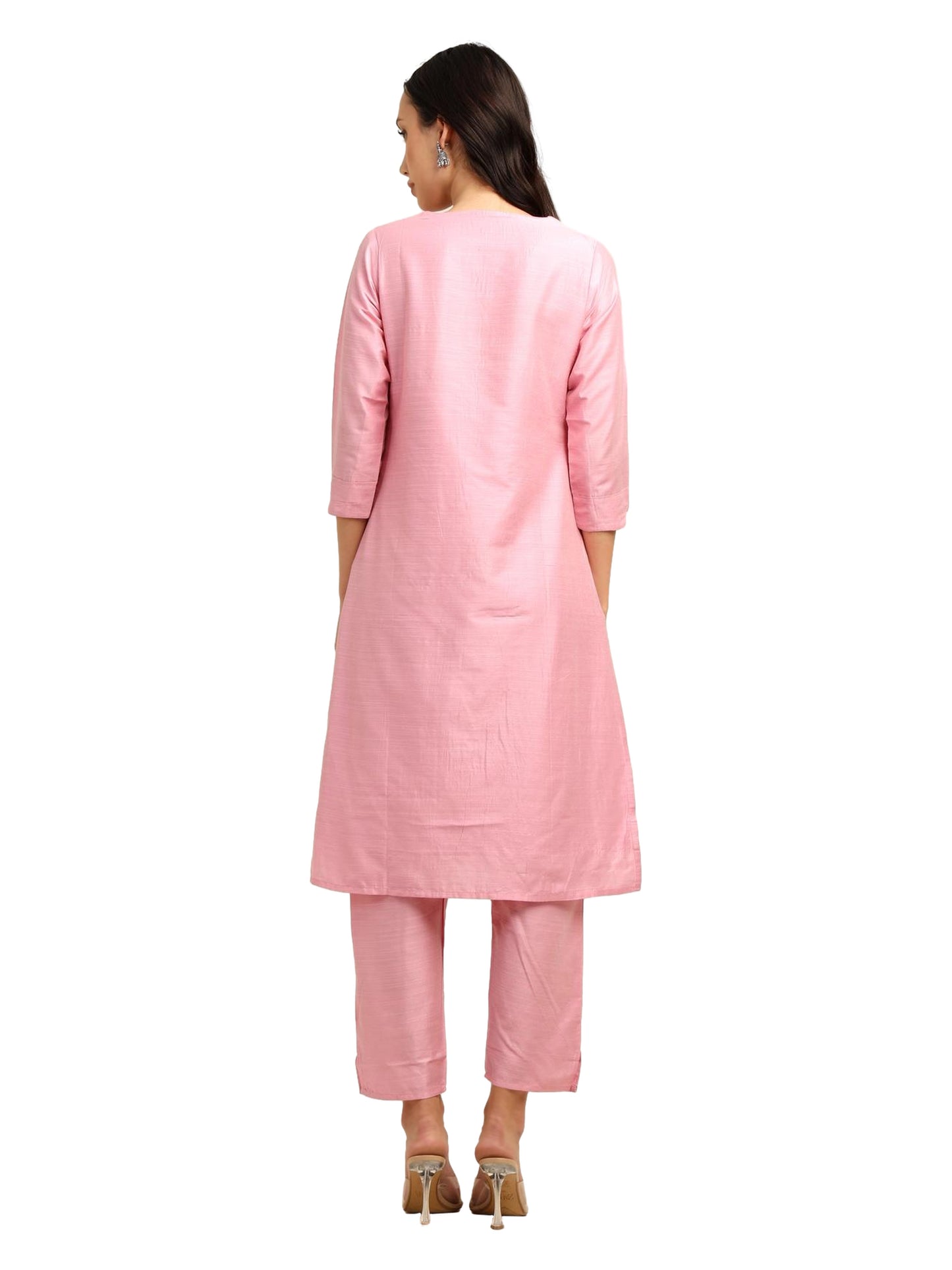 Fashily Women's V-Neck Semi Raw Silk Straight Kurti with Pant Set | Plain Silk Blend Coord set for Women | 3/4 Sleeve Kurti with Lining Attached