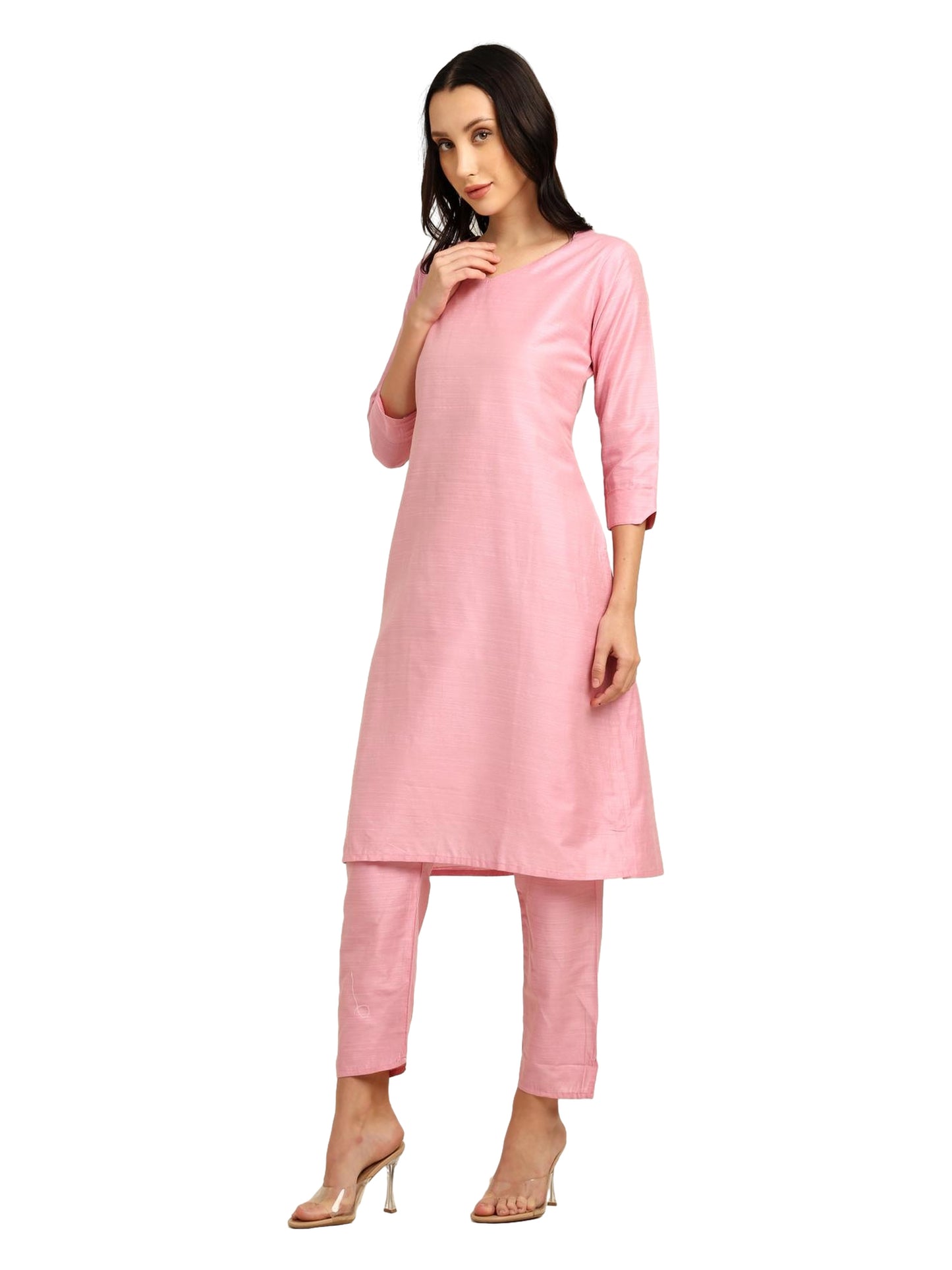 Fashily Women's V-Neck Semi Raw Silk Straight Kurti with Pant Set | Plain Silk Blend Coord set for Women | 3/4 Sleeve Kurti with Lining Attached