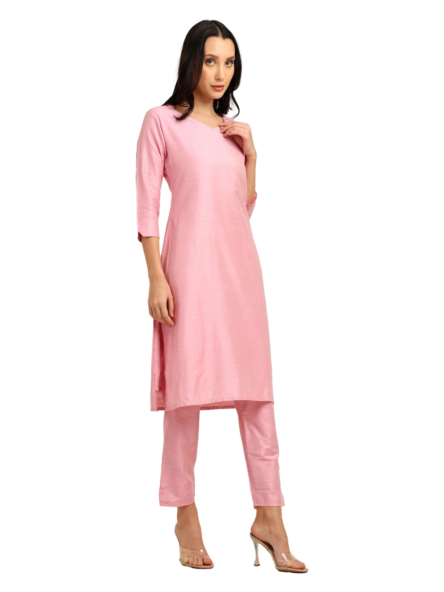 Fashily Women's V-Neck Semi Raw Silk Straight Kurti with Pant Set | Plain Silk Blend Coord set for Women | 3/4 Sleeve Kurti with Lining Attached