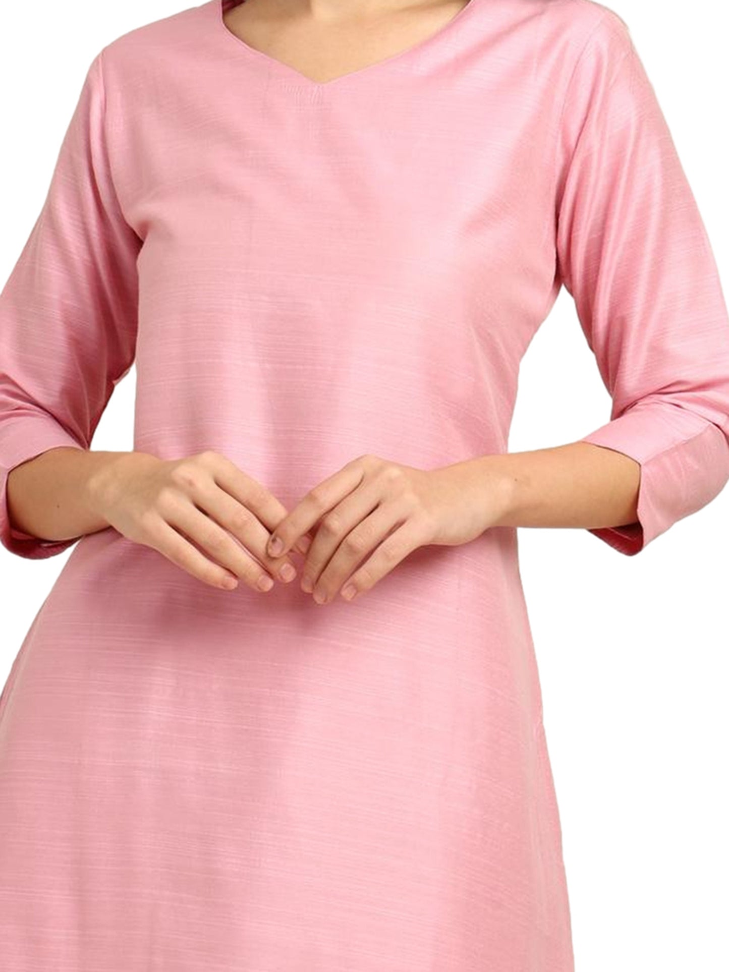 Fashily Women's V-Neck Semi Raw Silk Straight Kurti with Pant Set | Plain Silk Blend Coord set for Women | 3/4 Sleeve Kurti with Lining Attached