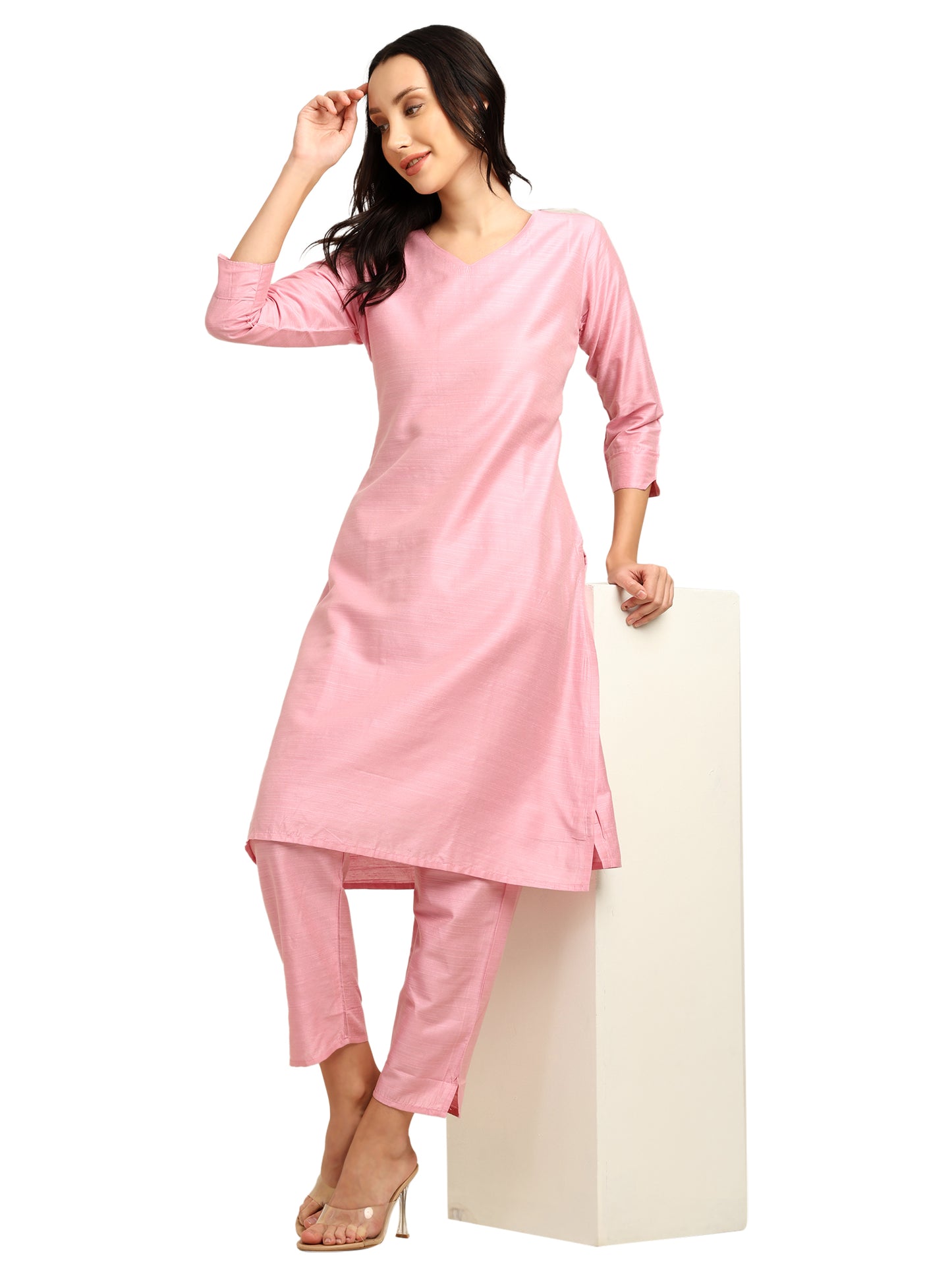 Fashily Women's V-Neck Semi Raw Silk Straight Kurti with Pant Set | Plain Silk Blend Coord set for Women | 3/4 Sleeve Kurti with Lining Attached
