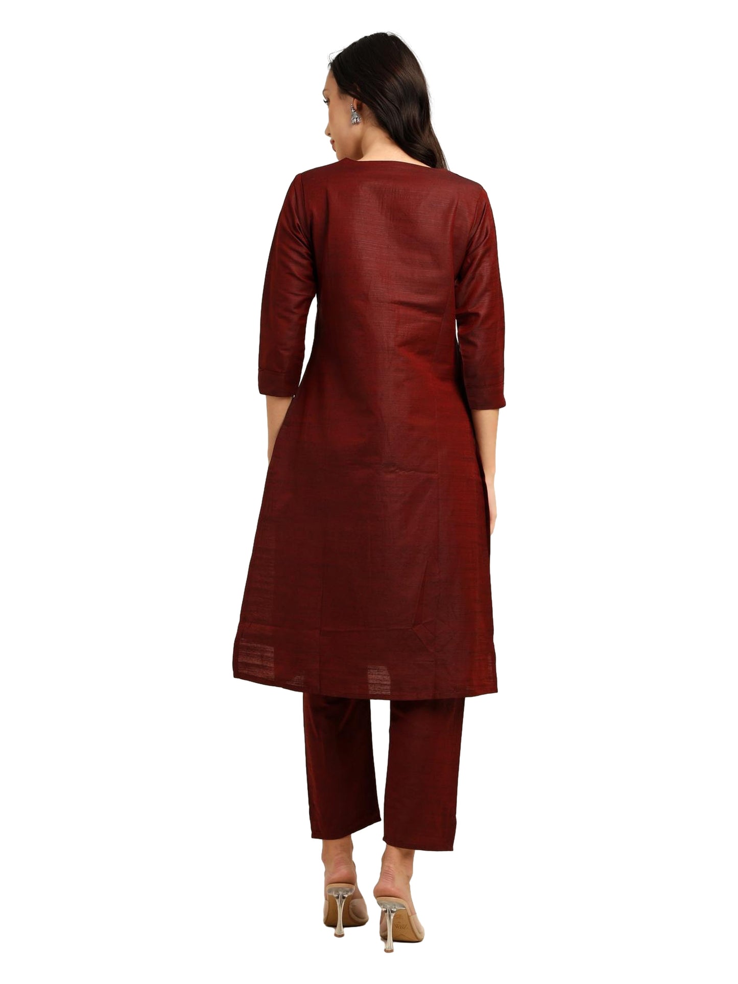 Fashily Women's V-Neck Semi Raw Silk Straight Kurti with Pant Set | Plain Silk Blend Coord set for Women | 3/4 Sleeve Kurti with Lining Attached