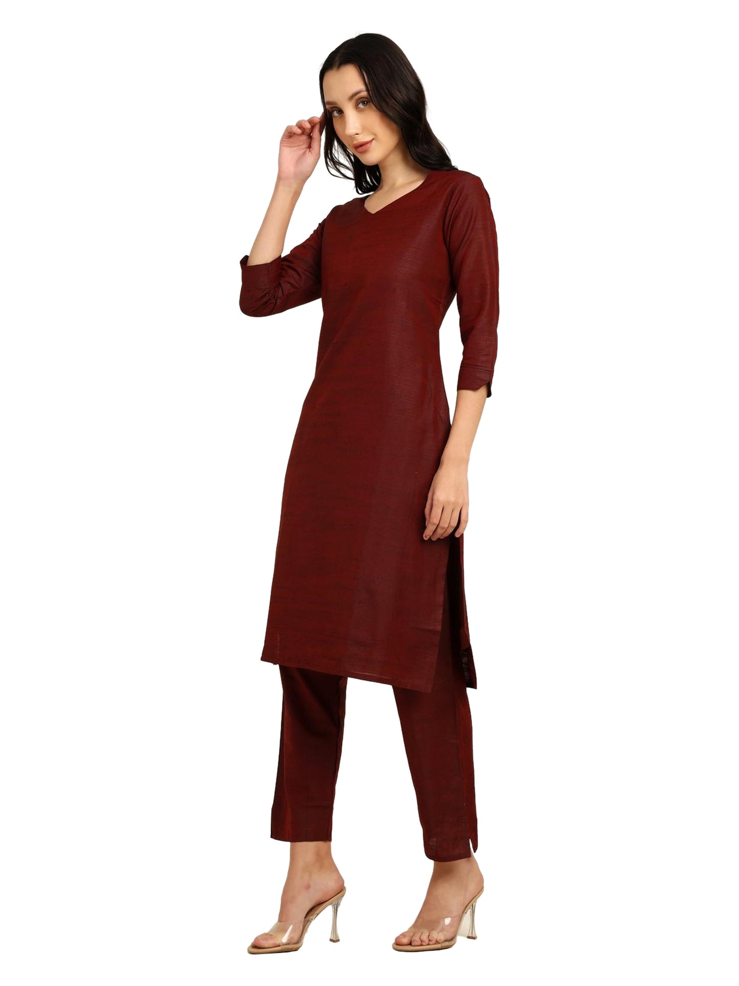 Fashily Women's V-Neck Semi Raw Silk Straight Kurti with Pant Set | Plain Silk Blend Coord set for Women | 3/4 Sleeve Kurti with Lining Attached