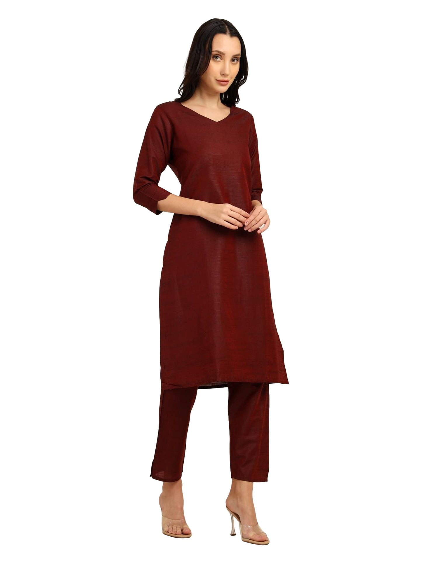 Fashily Women's V-Neck Semi Raw Silk Straight Kurti with Pant Set | Plain Silk Blend Coord set for Women | 3/4 Sleeve Kurti with Lining Attached