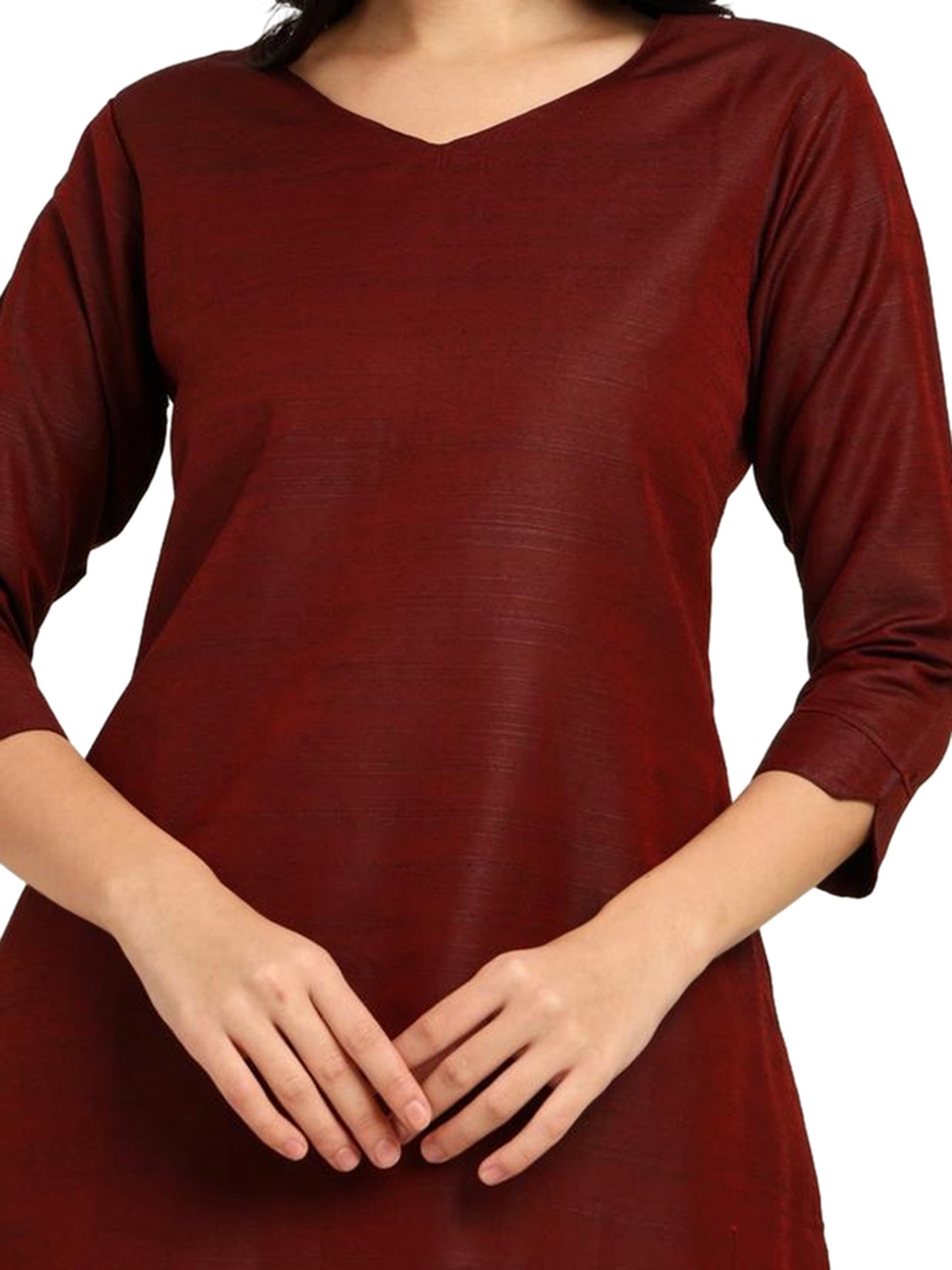 Fashily Women's V-Neck Semi Raw Silk Straight Kurti with Pant Set | Plain Silk Blend Coord set for Women | 3/4 Sleeve Kurti with Lining Attached