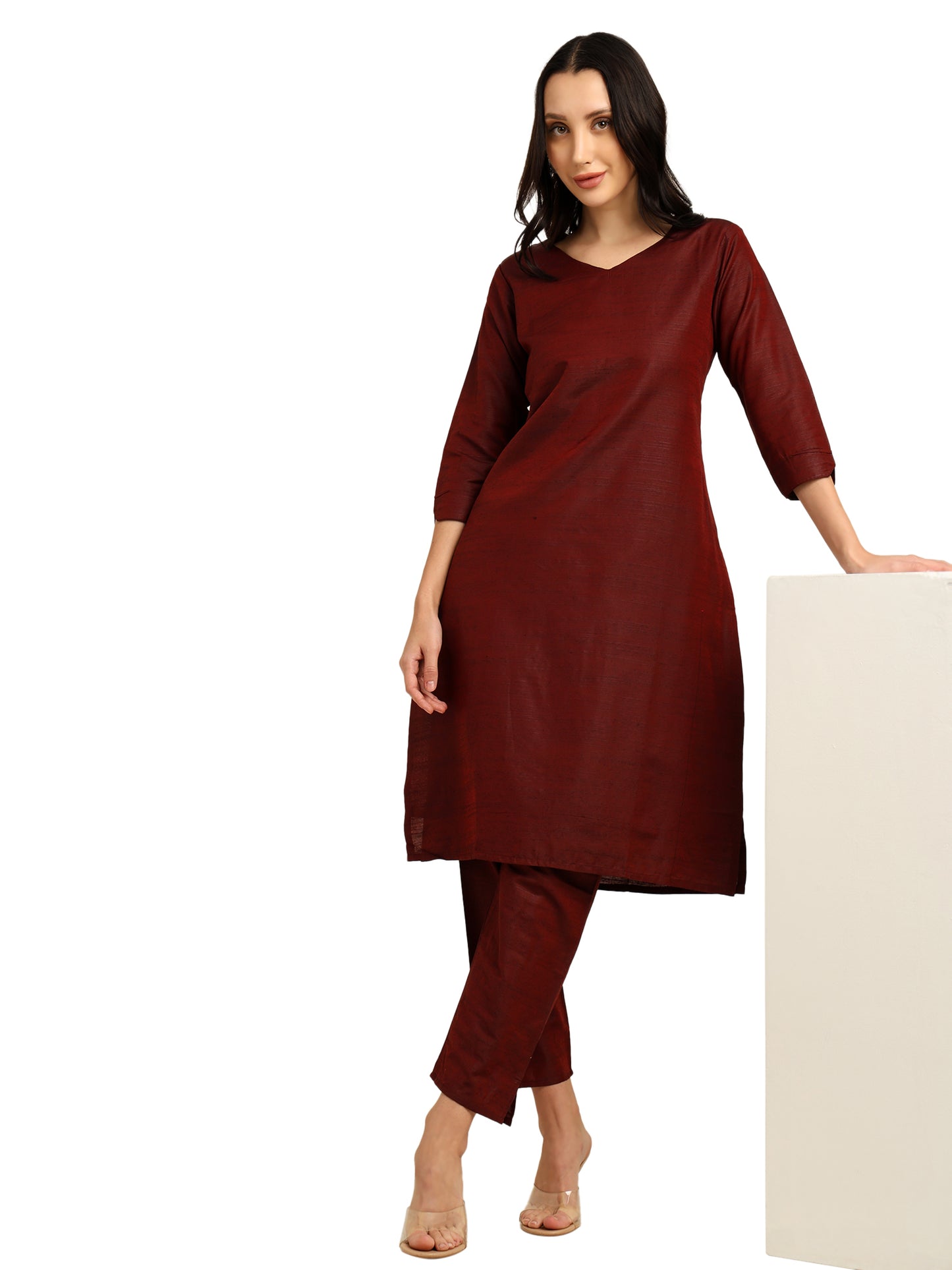 Fashily Women's V-Neck Semi Raw Silk Straight Kurti with Pant Set | Plain Silk Blend Coord set for Women | 3/4 Sleeve Kurti with Lining Attached