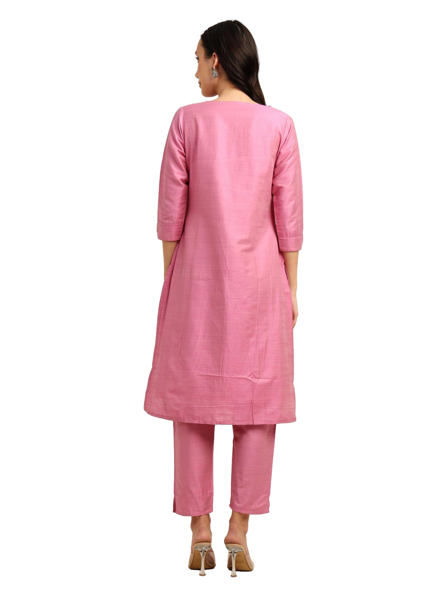Fashily Women's V-Neck Semi Raw Silk Straight Kurti with Pant Set | Plain Silk Blend Coord set for Women | 3/4 Sleeve Kurti with Lining Attached