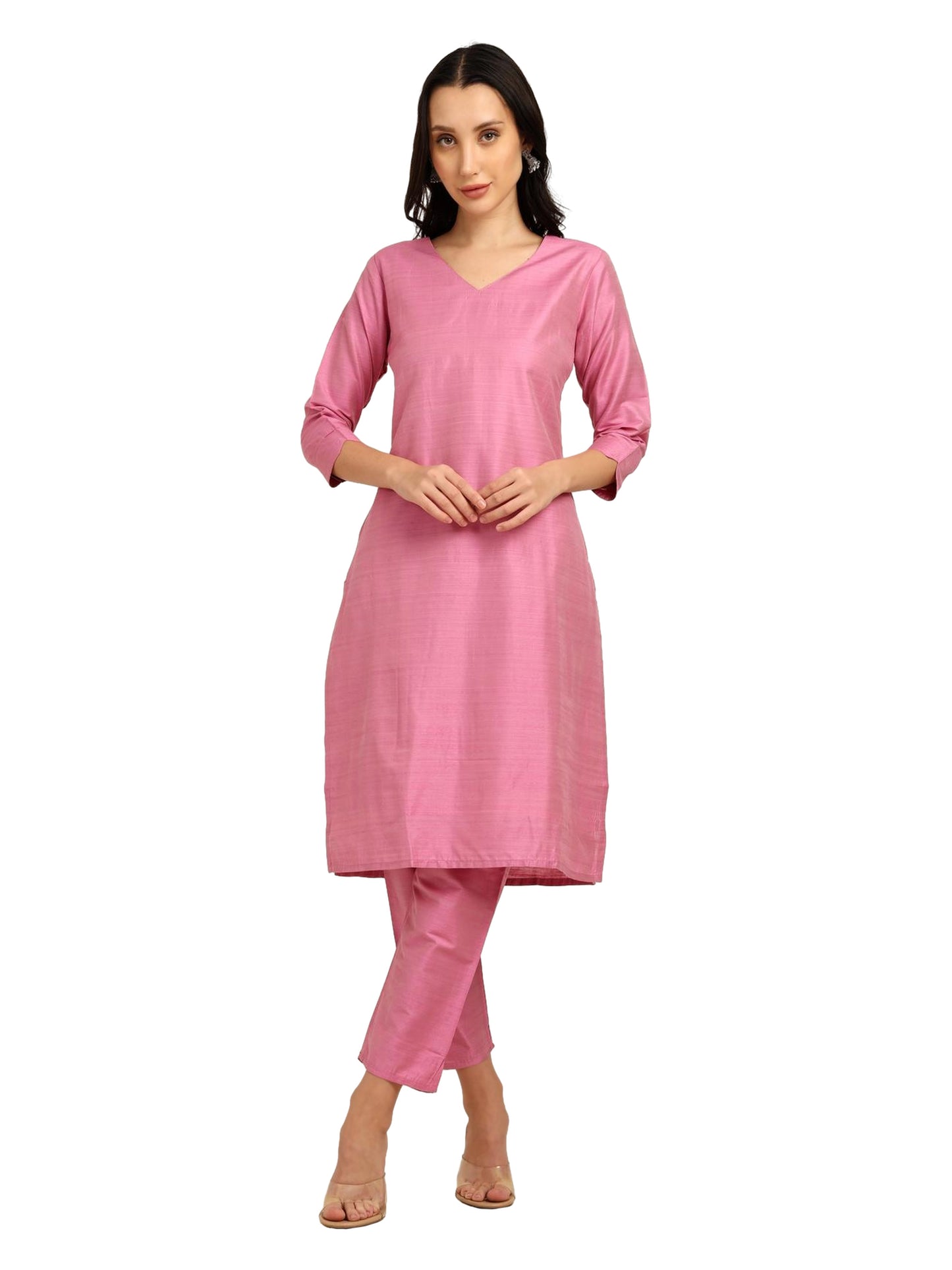 Fashily Women's V-Neck Semi Raw Silk Straight Kurti with Pant Set | Plain Silk Blend Coord set for Women | 3/4 Sleeve Kurti with Lining Attached