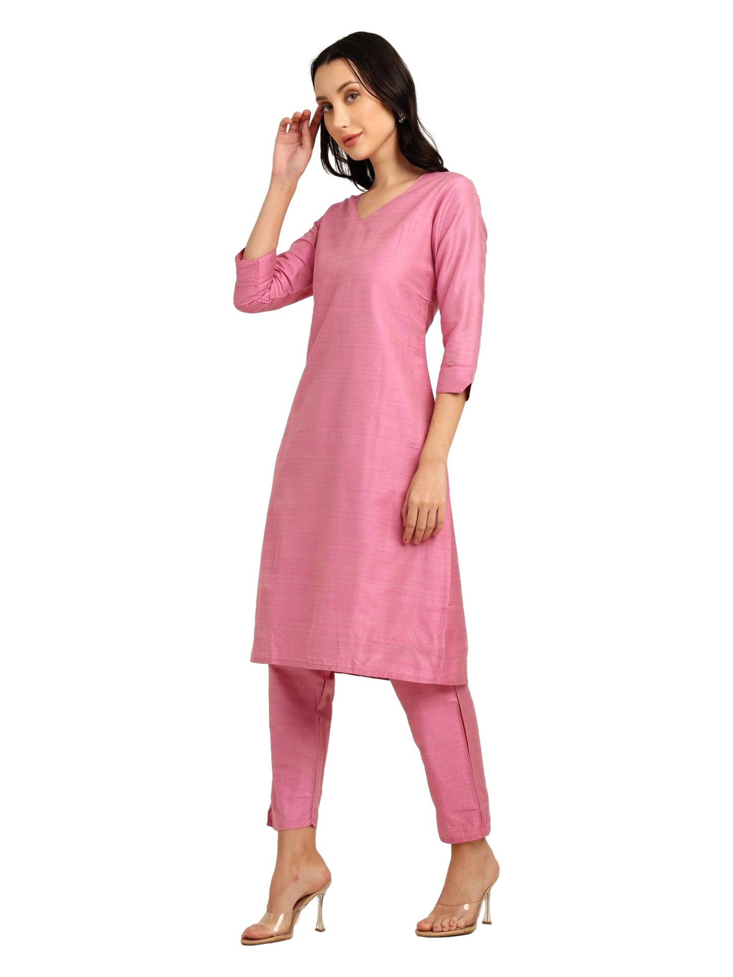 Fashily Women's V-Neck Semi Raw Silk Straight Kurti with Pant Set | Plain Silk Blend Coord set for Women | 3/4 Sleeve Kurti with Lining Attached