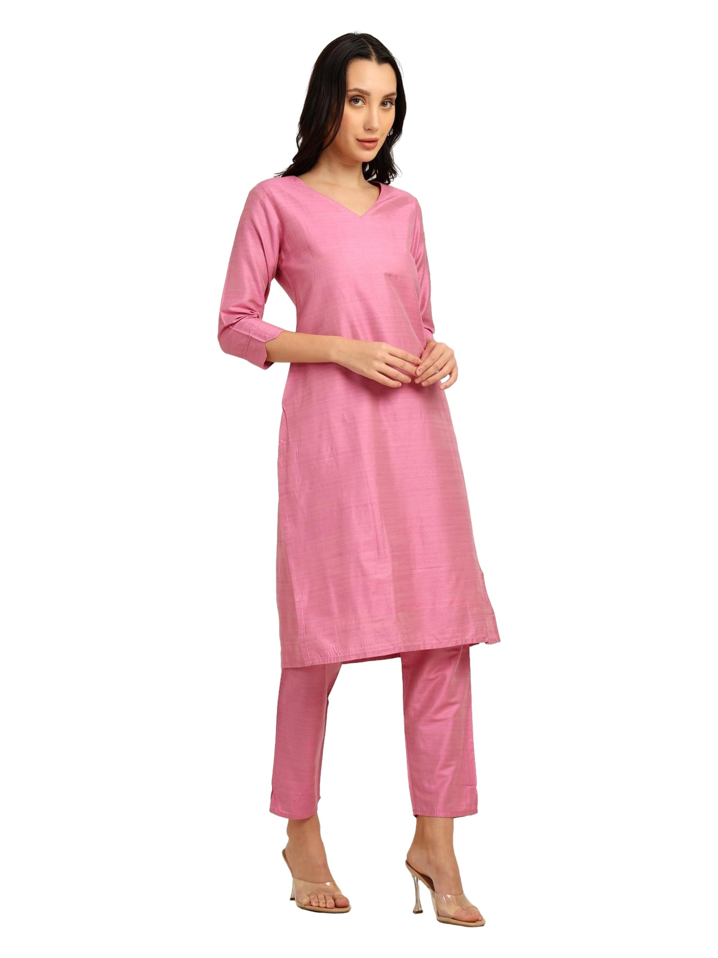 Fashily Women's V-Neck Semi Raw Silk Straight Kurti with Pant Set | Plain Silk Blend Coord set for Women | 3/4 Sleeve Kurti with Lining Attached
