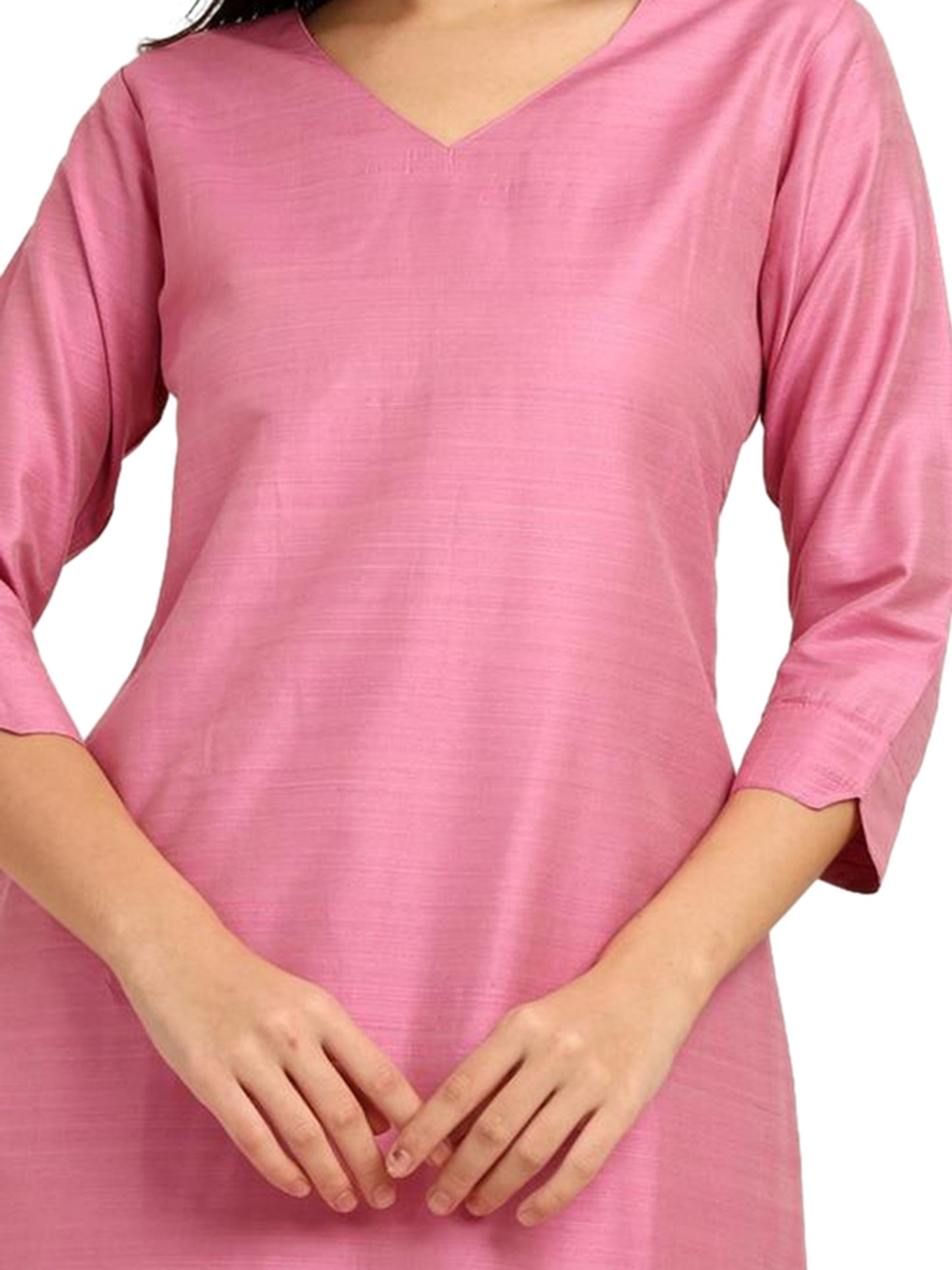 Fashily Women's V-Neck Semi Raw Silk Straight Kurti with Pant Set | Plain Silk Blend Coord set for Women | 3/4 Sleeve Kurti with Lining Attached