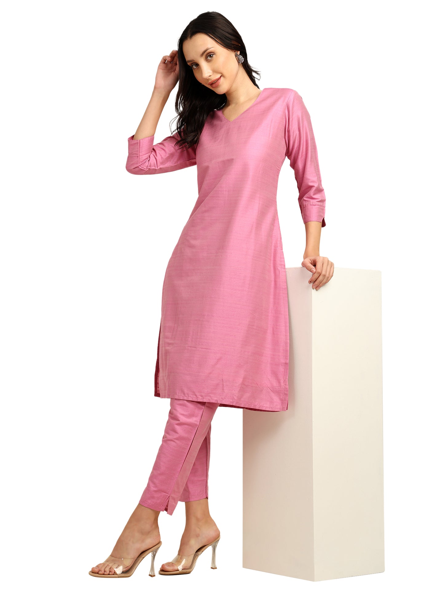 Fashily Women's V-Neck Semi Raw Silk Straight Kurti with Pant Set | Plain Silk Blend Coord set for Women | 3/4 Sleeve Kurti with Lining Attached