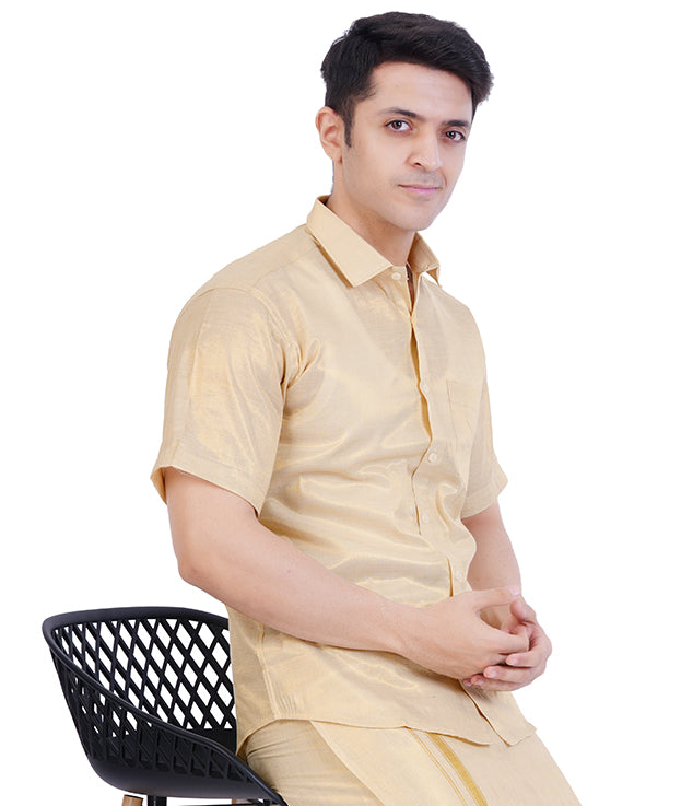 Fashily Men's Soft Tissue Ethnic Regular Fit Shirt - Gold Half Sleeve