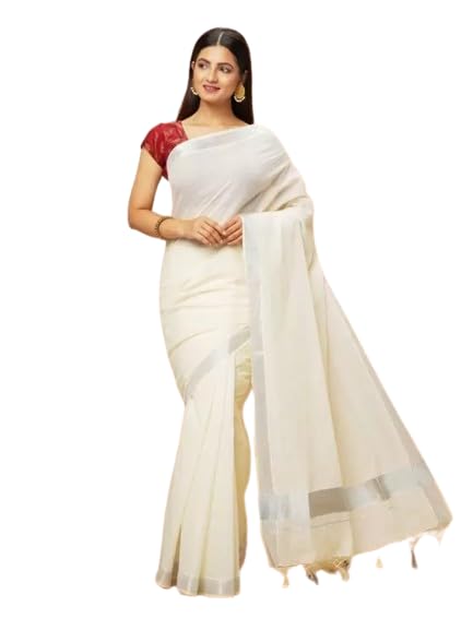 Women's Kerala Cotton Saree 2 inch Border - SIlver