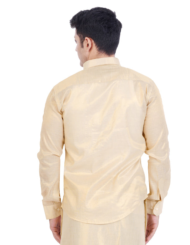 Fashily Men's Soft Tissue Ethnic Regular Fit Shirt - Gold Full Sleeve