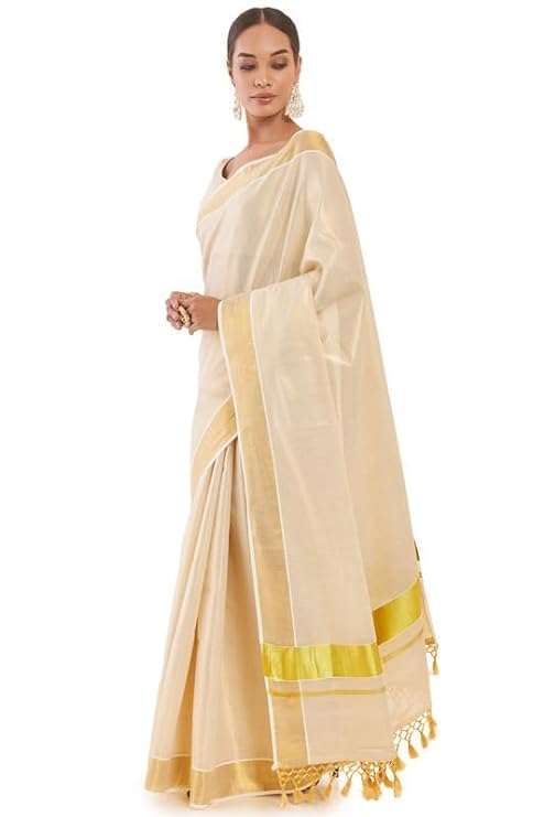 Women's Kerala Kasavu Tissue Saree - Gold